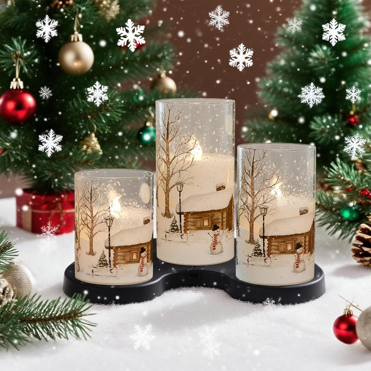 Snowman Glass Flameless Candles Rechargeable Battery Operated | Remote and Timer LED Pillar Candles Flickering, Cold