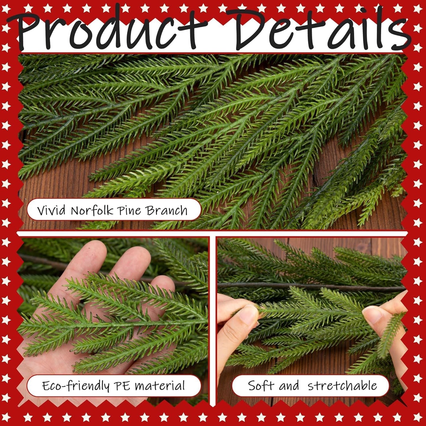 4 Pcs Christmas Norfolk Pine Garland, 6 Ft Real Touch Pine Garland Ornament | Dense Realistic Artificial Pines Greenery