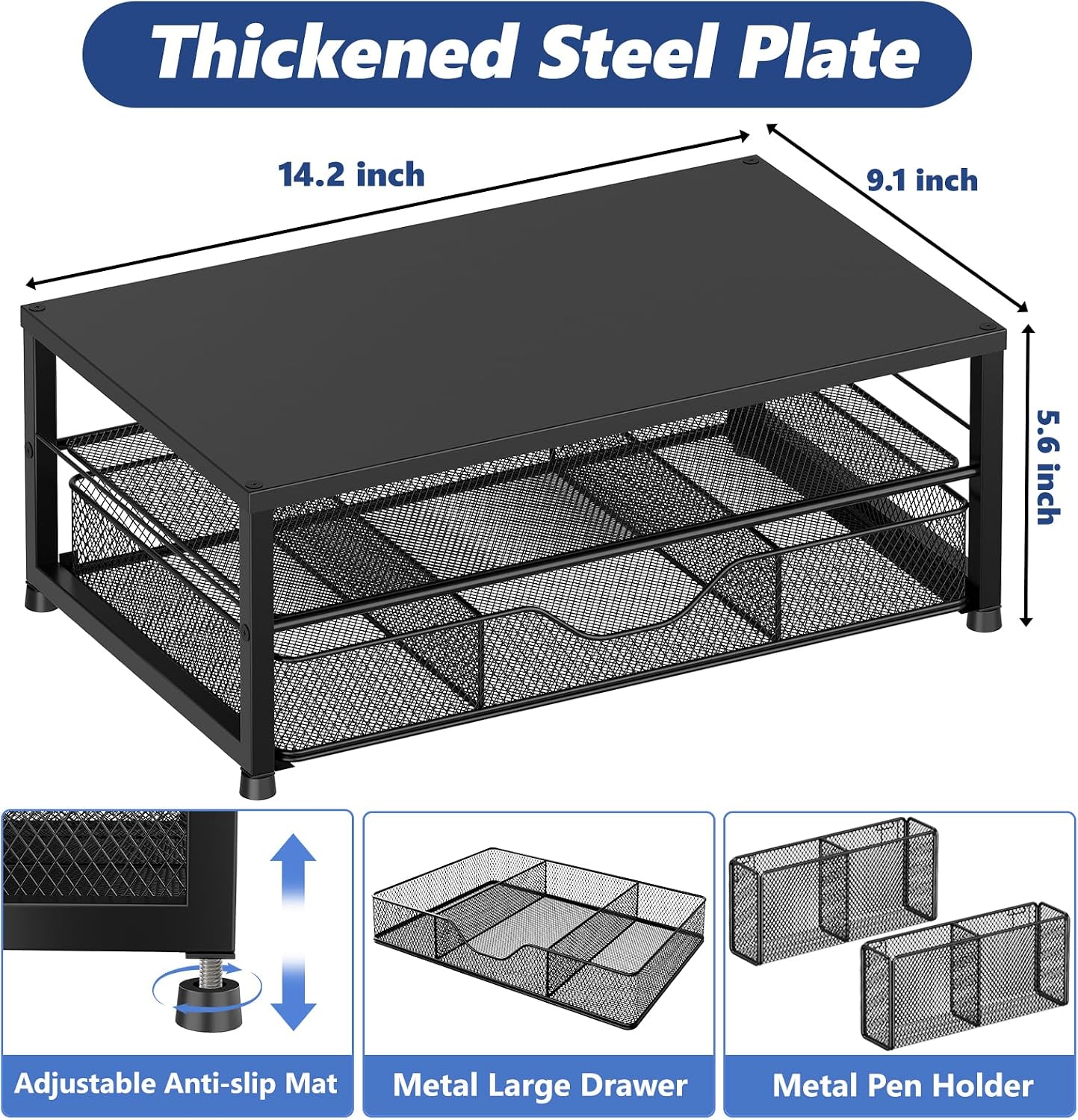 Desk Organizer and Accessories, 2-Tier Computer Monitor Stand Riser with Drawer and 2 Pen Holders, Laptop Stand, Office