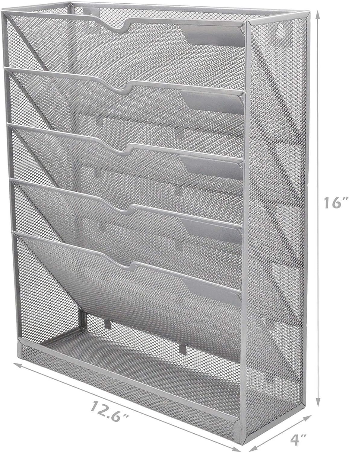 Mesh Wall File Organizer 6 Tier Vertical Mount Hanging Holder Magazine Rack with Bottom Flat Tray, Sides Closed, Silver