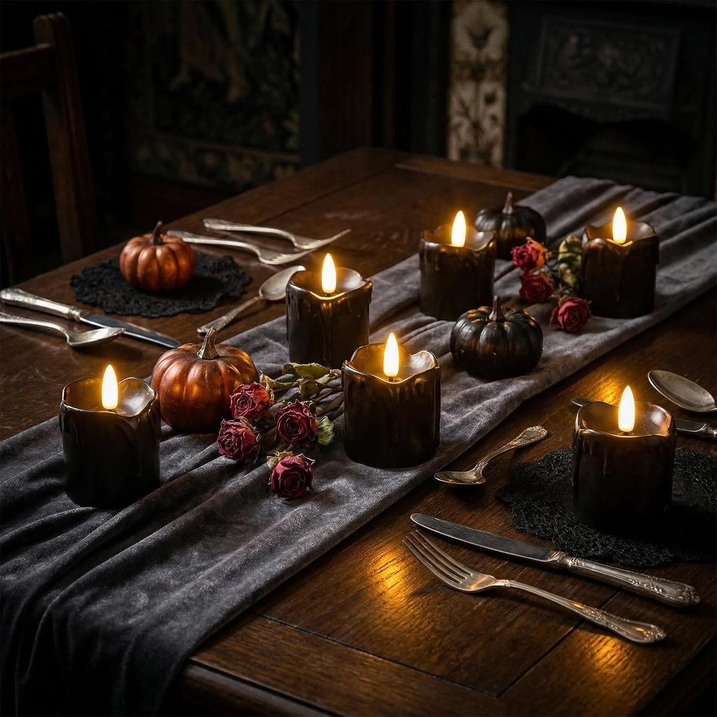 Black Dripping Wax Halloween Flameless Votive Candles with Timer Batteries | Halloween Decorations, 2x2 in Battery LED