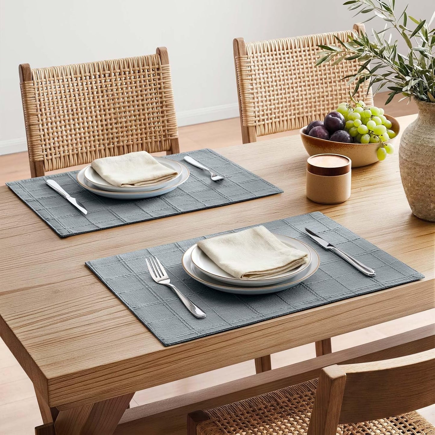 Linen Checked Farmhouse Placemats Set of 6, Chambray 13x19in | Double Layer, Reversible, Thick Textured Table Mats