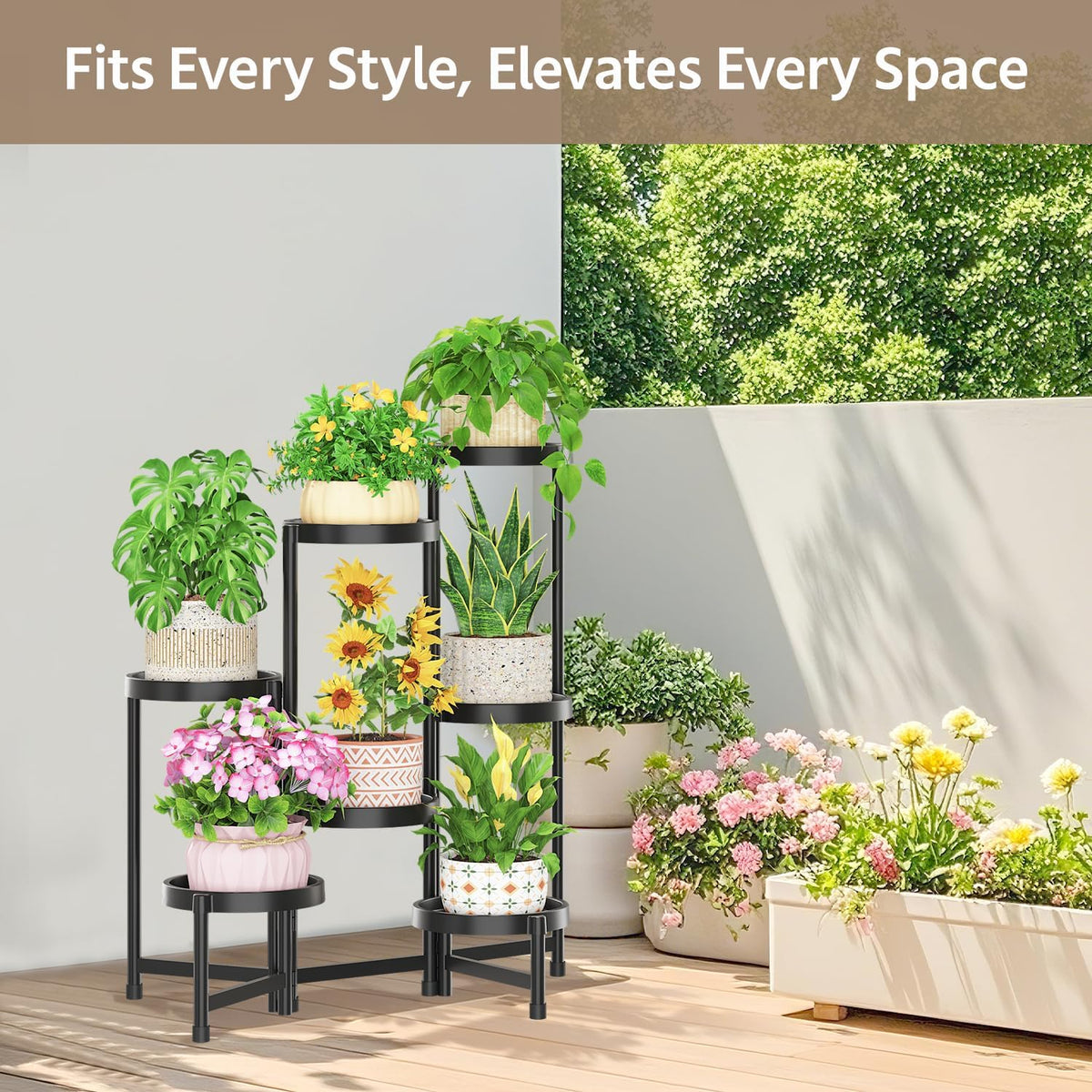 LASZOLA Plant Stand Indoor Outdoor Tall with Plastic Tray, 7 Tiers Black | Corner Folding Flower Display Rack, Modern
