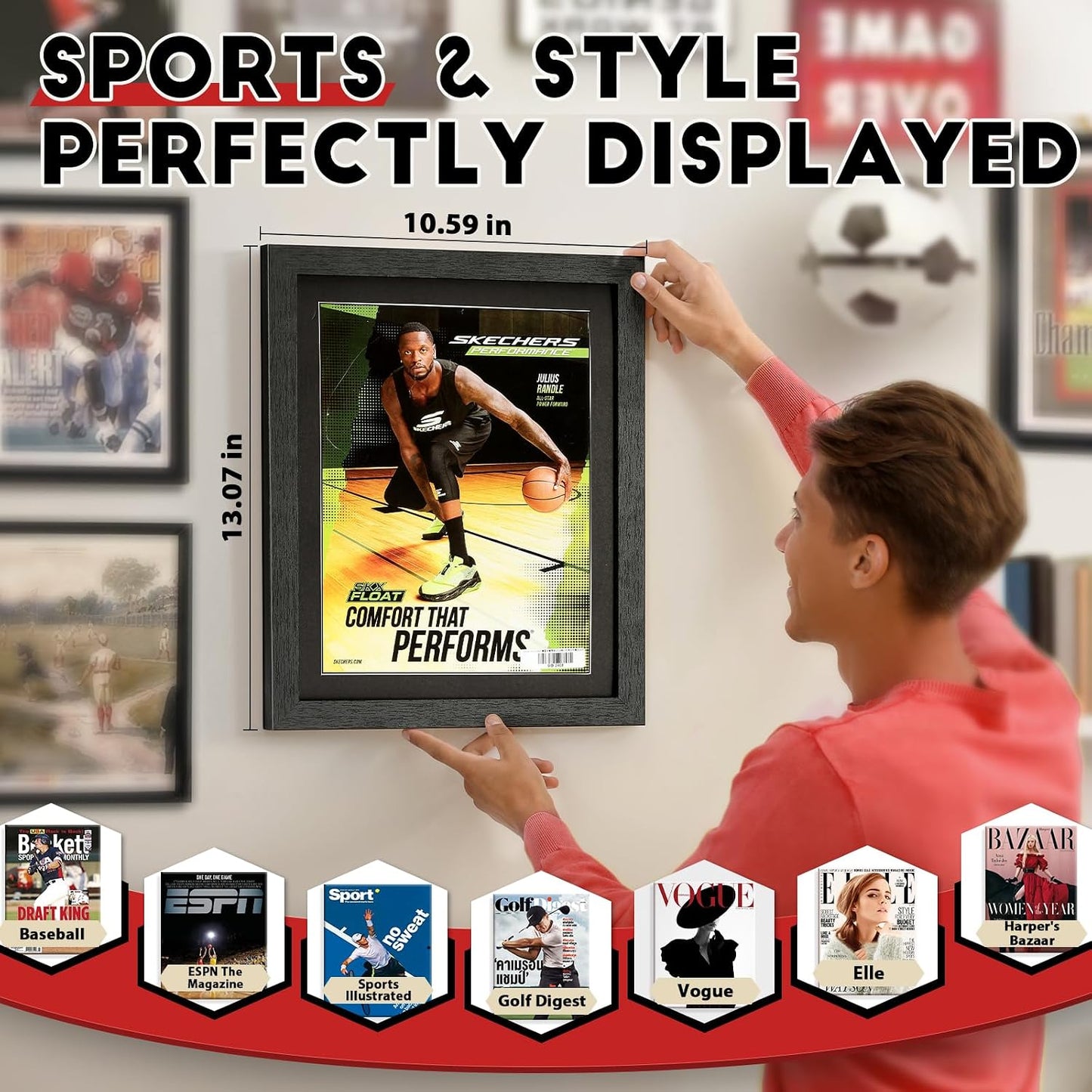 Sports Magazine Frame 4 Pack, Premium Wood Display Case for 8" x 10.5" Magazines, Wall Mount or Tabletop Stand, Layered