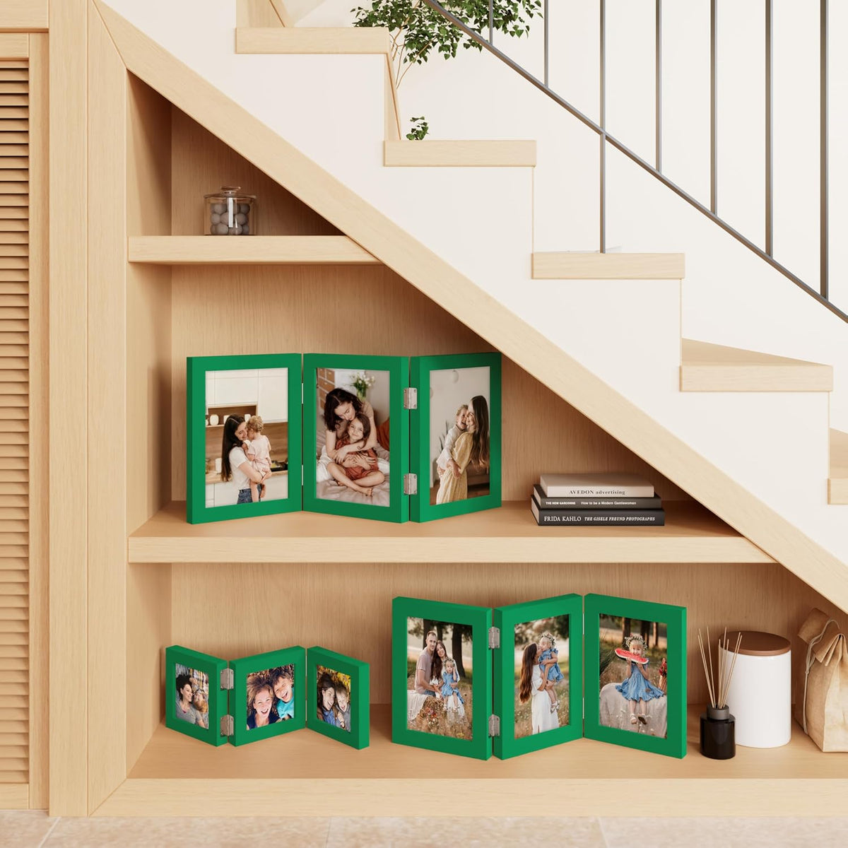decorUhome Green Triple 8x10 Picture Frame Vertical, MDGN08 | "Z" Shape Folding Design Engineered Wood Trifold Photo