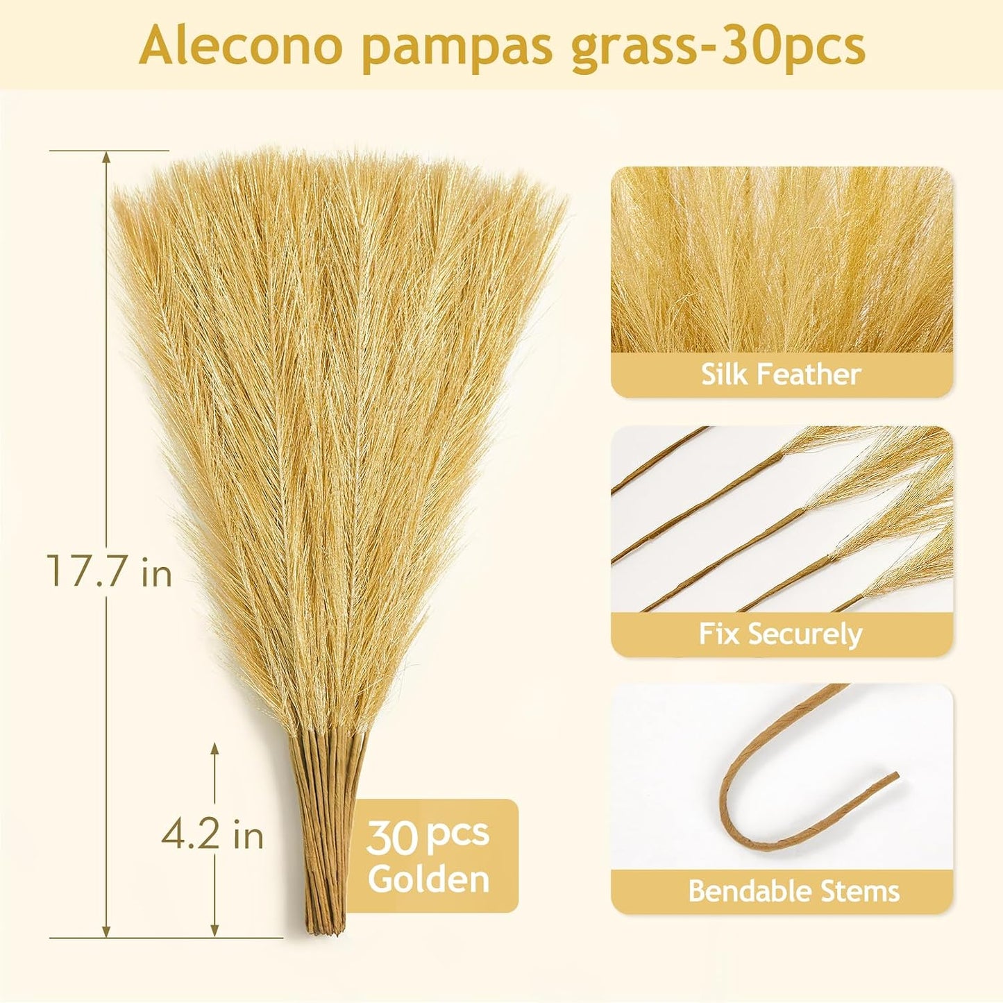 Faux Pampas Grass Decor / Golden / Gold / 17 Inch / Set of 30