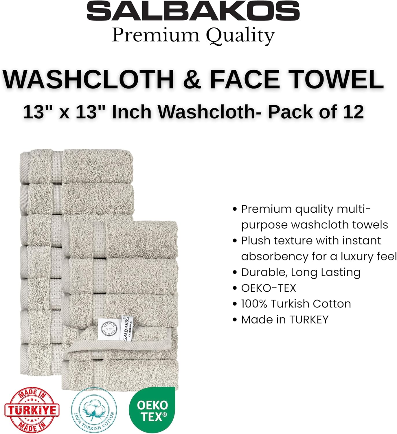 SALBAKOS 12-Piece 100% Turkish Cotton Washcloths and Face Towels, Stone | 13x13 in Standard Size Small Towel, Multi-use