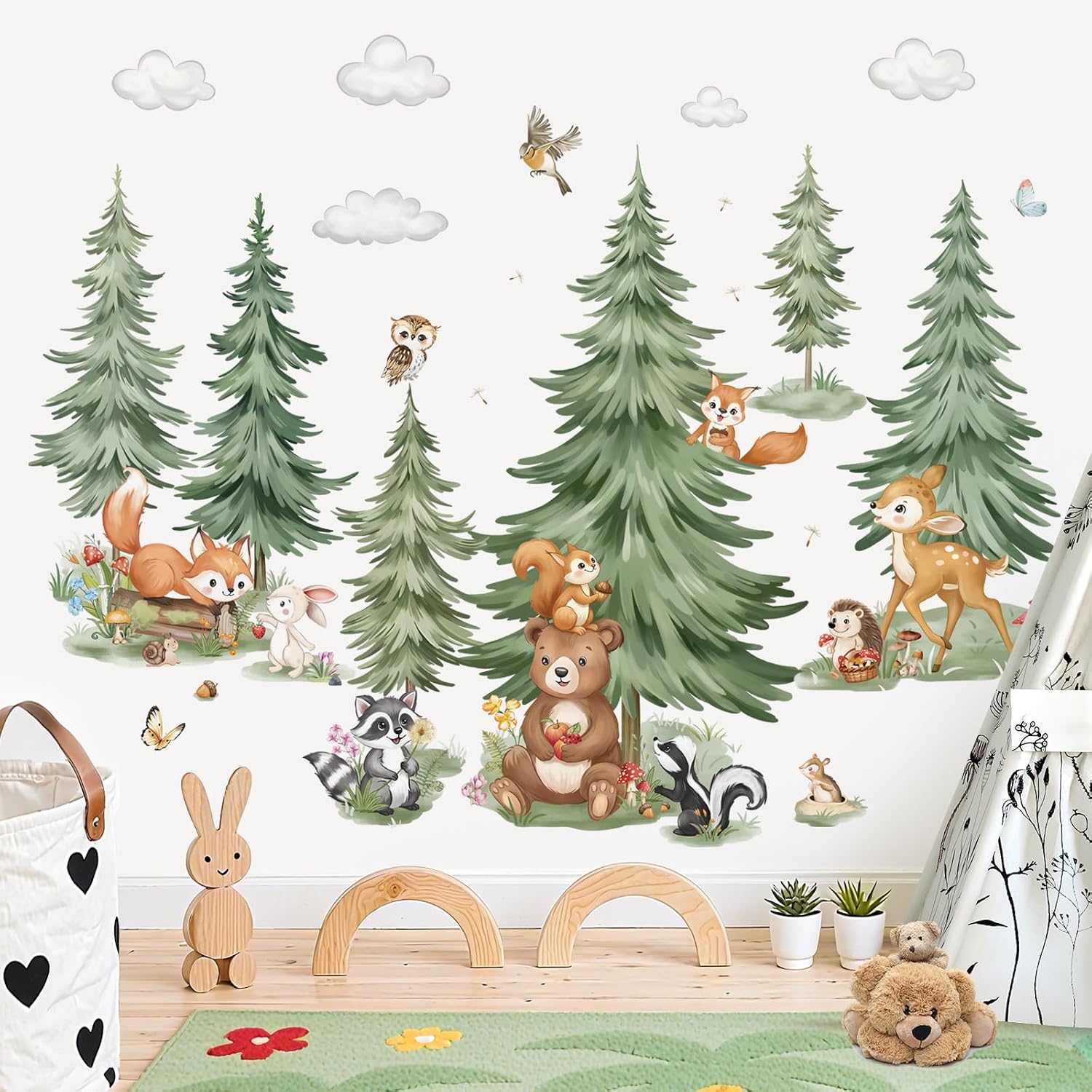 Mountain Tree Woodland Wall Decals Large Pine Tree Forest Animal Bear Deer Fox Wall Stickers Kids