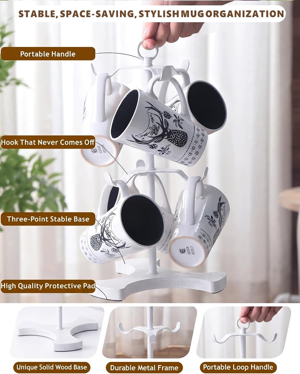 2-Tier White Coffee Mug Holder for Countertop, Mug Tree with 6 Spaced Hooks for Large Mugs, Metal Coffee Cup Rack with