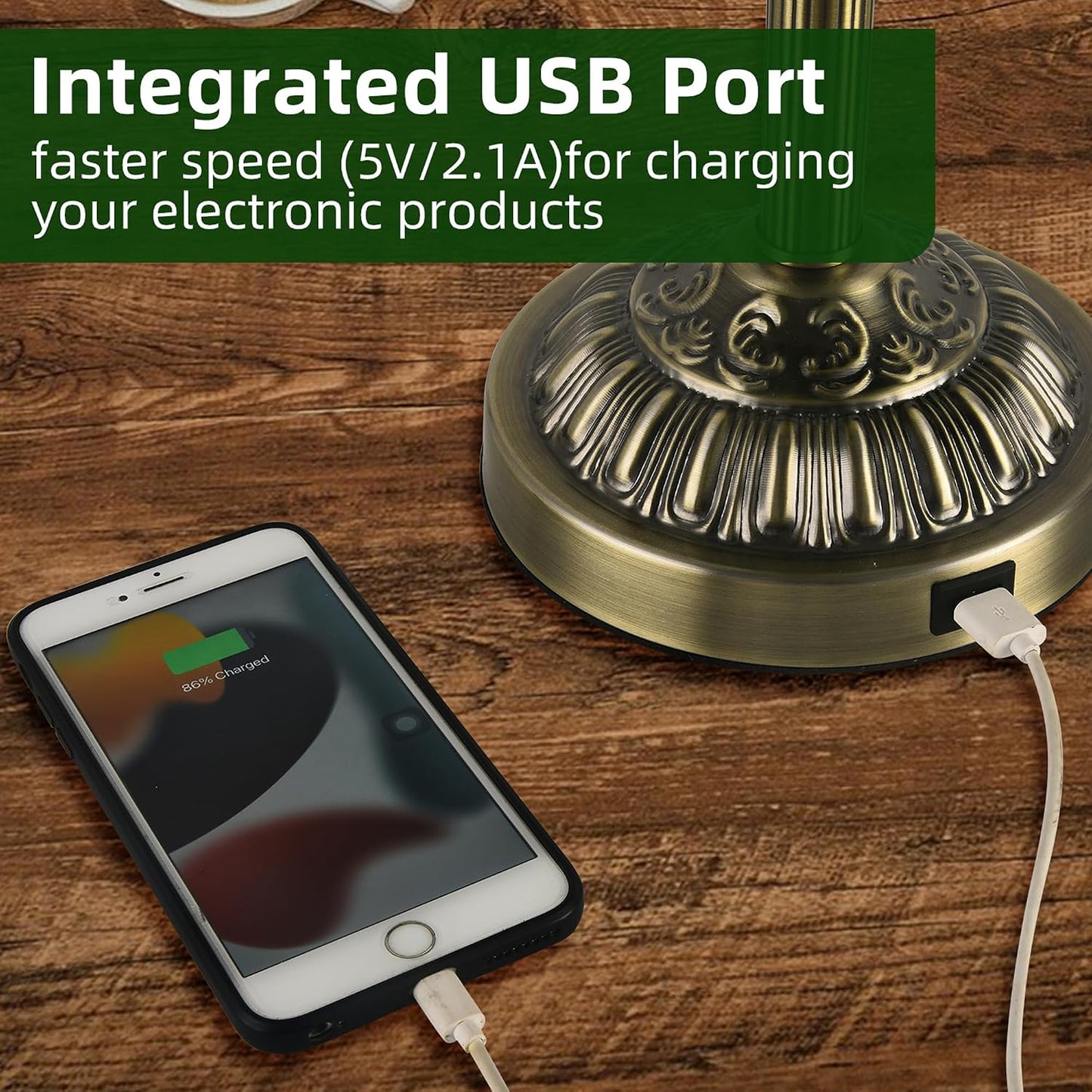 Bankers Desk Lamp with USB-A Charging Port, Vintage Desk Lamps with Pull Chain Green Glass, Antique Brass Banker's Lamp
