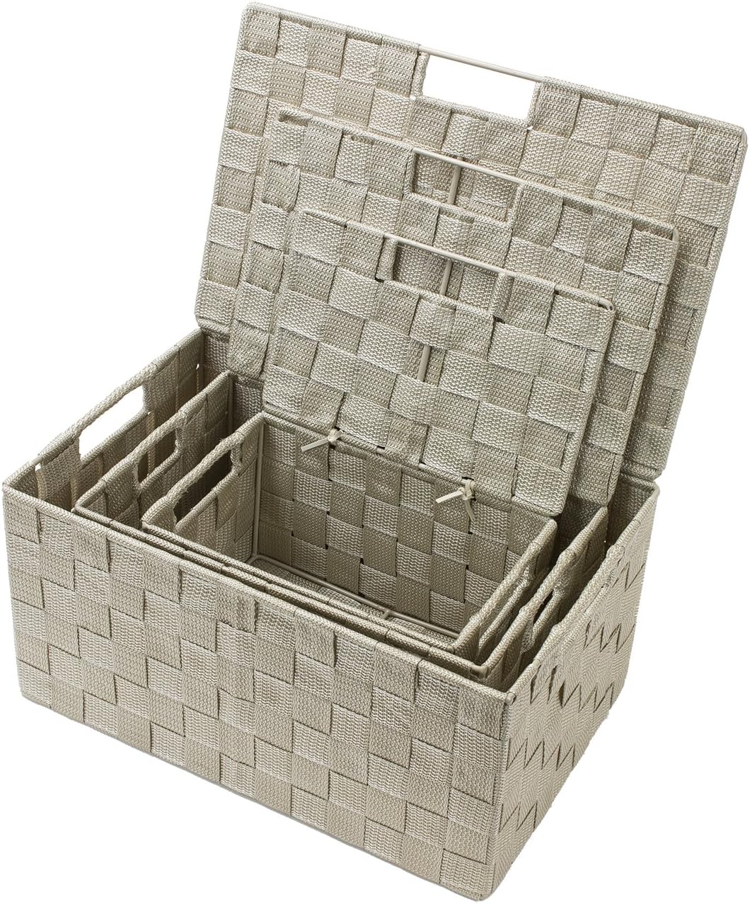 Mesh Hand-Woven Baskets for Closet / Lid Bins / Beige / Set of 3