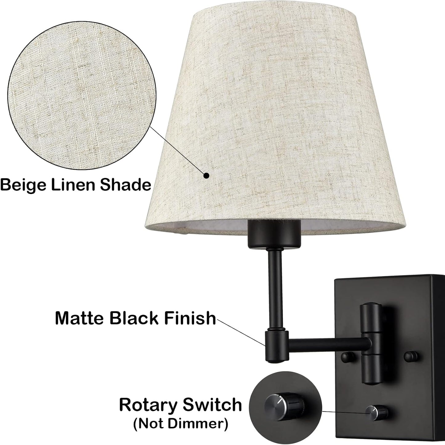 SAMTEEN Swing Arm Wall Sconces Set of Two Modern Black Sconce Light Plug in Wall Sconce with Shade, Black Swing Arm