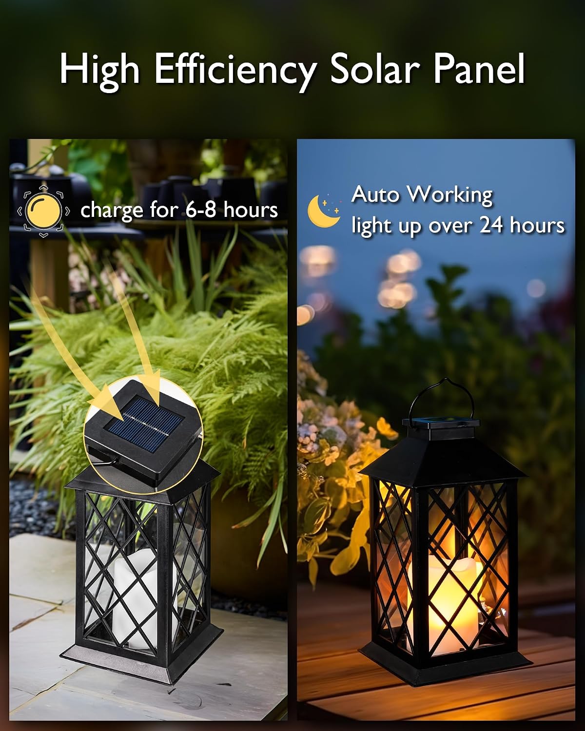 Homemory 2 Pack 13'' Black Solar Lanterns, Flickering Flame Hanging Lights | Realistic Flickering Flame Creates Cozy