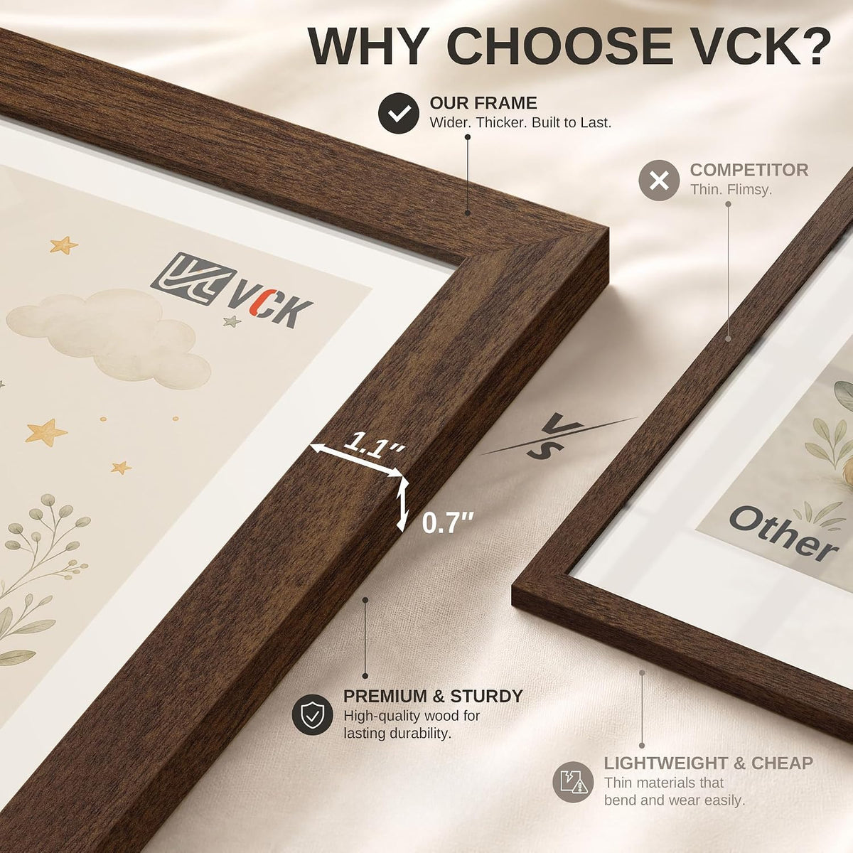 VCK 12x18 Picture Frames Set of 3, Brown Woodgrain, Wall Hanging | Wide Border, Exclusive Woodgrain, Shatterproof