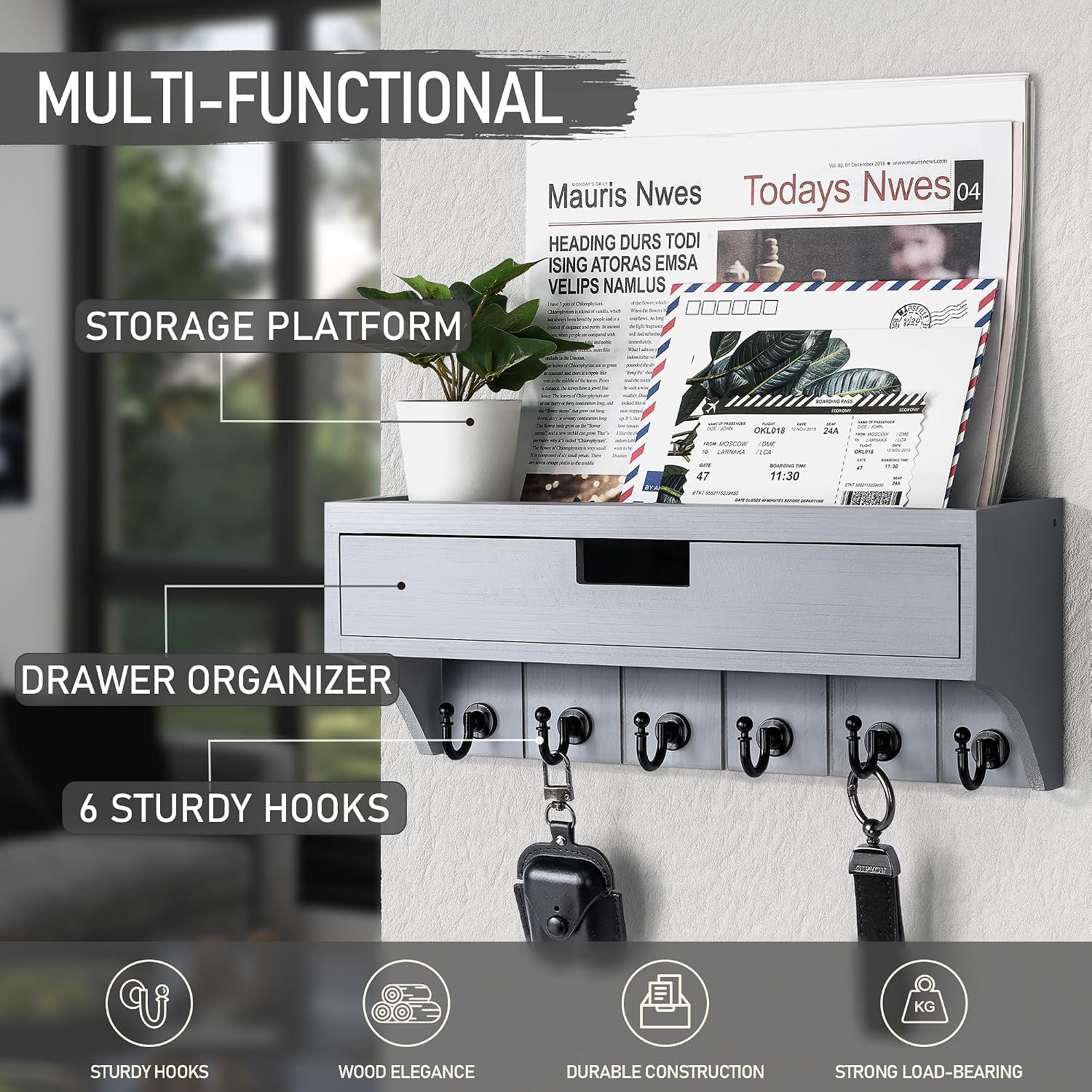 Modern Pine Wood Key Holder Wall Mount / Gray / 1-drawer