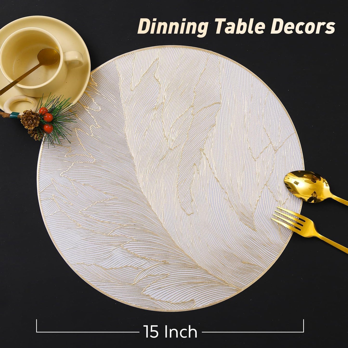 FAVE 12PCS Gold Feather Placemats, Round Vinyl, Non-Slip & Wipeable, 15" | Shimmering Metallic Gold Table Decor for