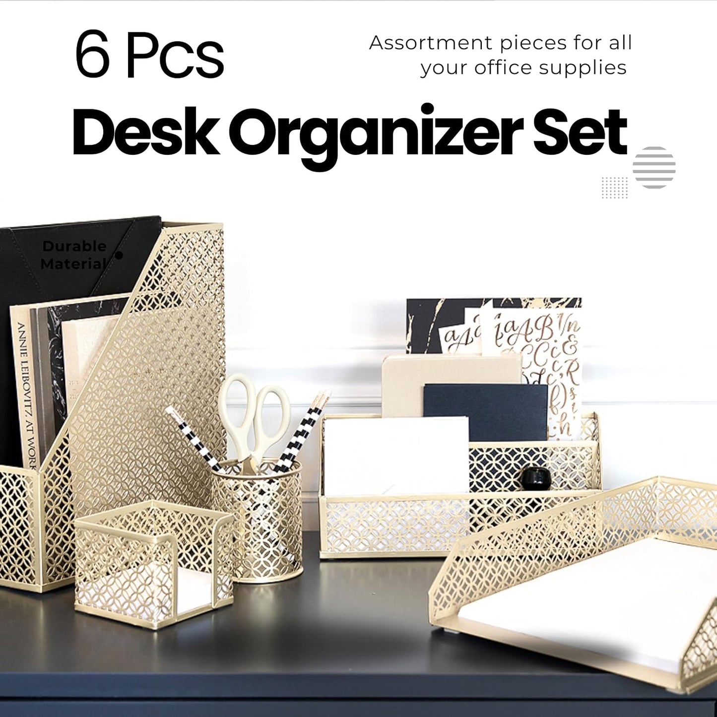 BLU MONACO | Gold Desk Organizer Set with Mail Sorter, Sticky Note Holder, Pen Cup, Magazine Holder, Letter Tray &