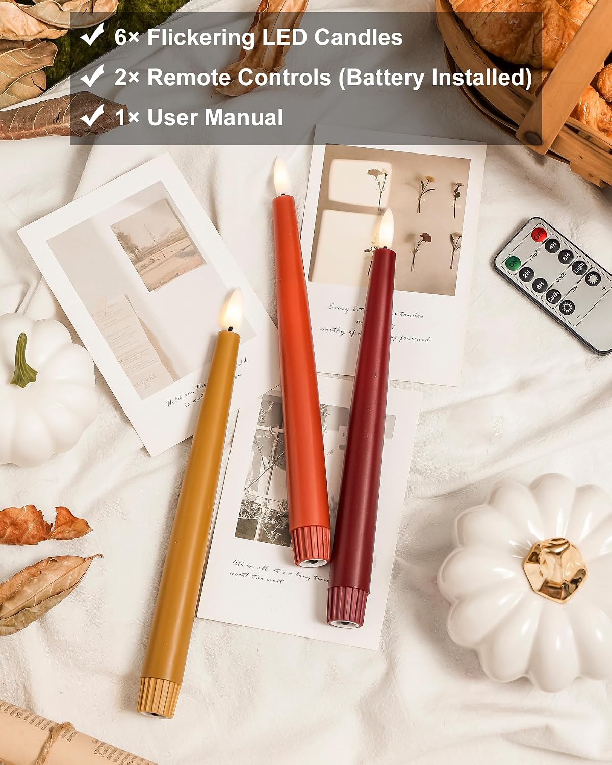 Stmarry Fall Flameless Taper Candles with Remote and Timer, 9.65 Inch Real Wax LED Candlesticks, Battery Operated