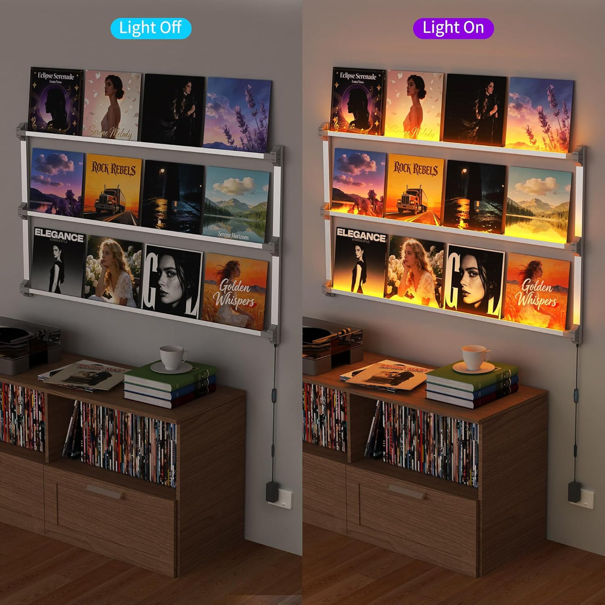 Vinyl Record Shelf Wall Mount with LED Lights, Floating Shelf for Vinyl Record Display, 51-INCH Aluminum Alloy Record