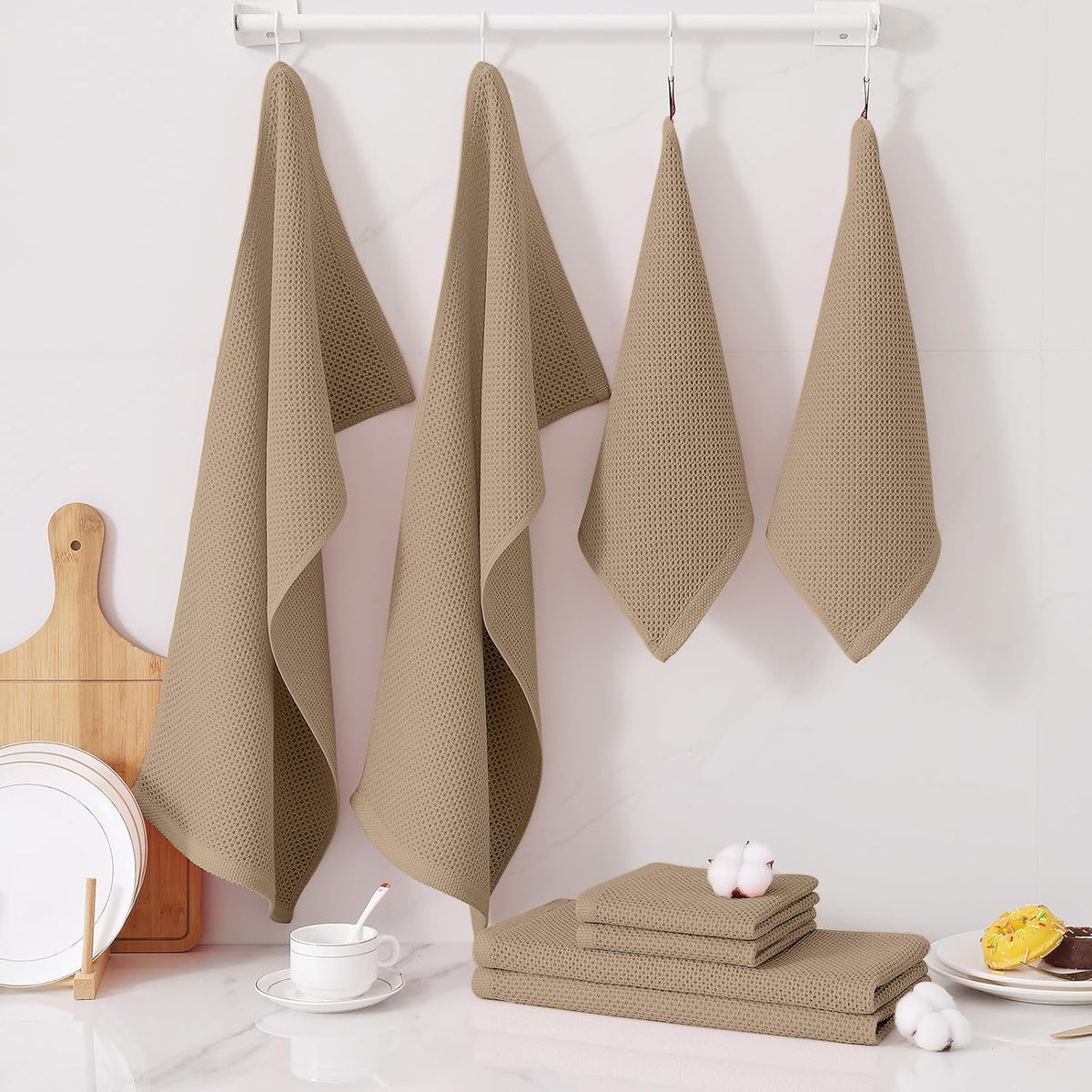 Homaxy 12 Pack 100% Cotton Kitchen Towels and Dishcloths Set, Tan | 12 x 12 Inches and 13 x 28 Inches Kitchen Towels