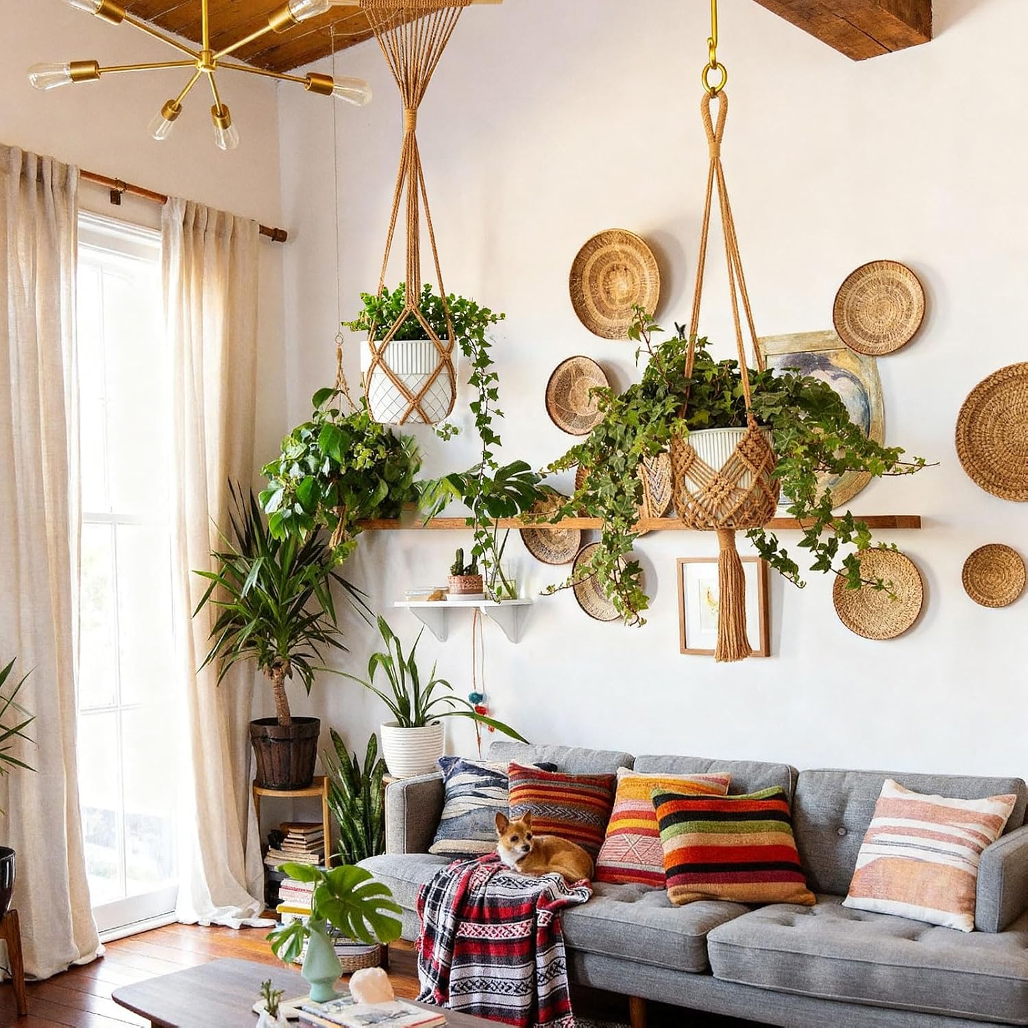 Boho Hanging Planters / Caramel Hanger / 10 Inch / Set of 8