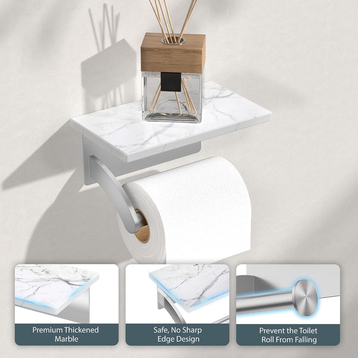 FORIOUS Toilet Paper Holder with Shelf, Natural Marble, Commercial | Brushed Nickel, Wall Mount 304 Stainless Steel
