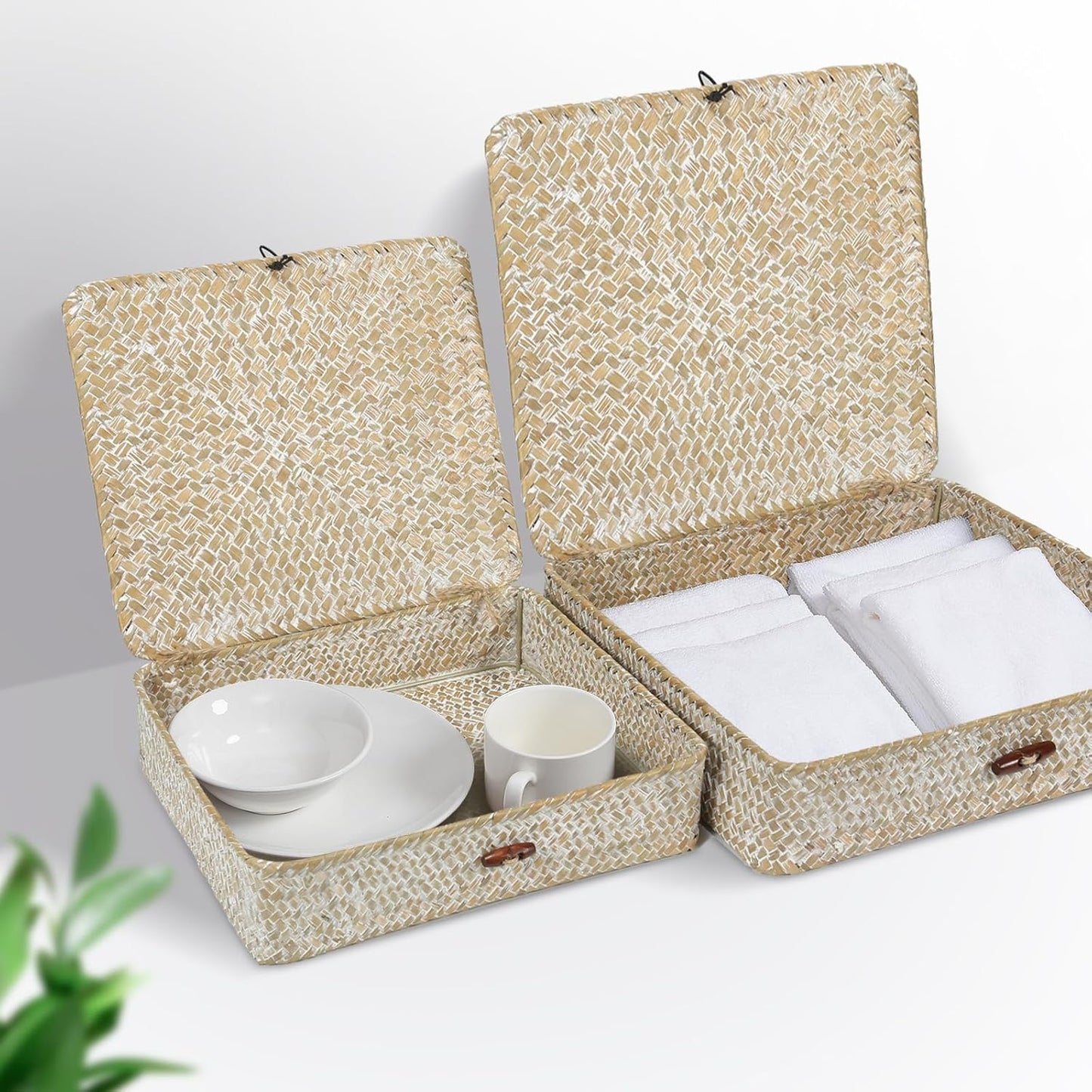 Flat Seagrass Storage Bins / Whitewash / Set of 2