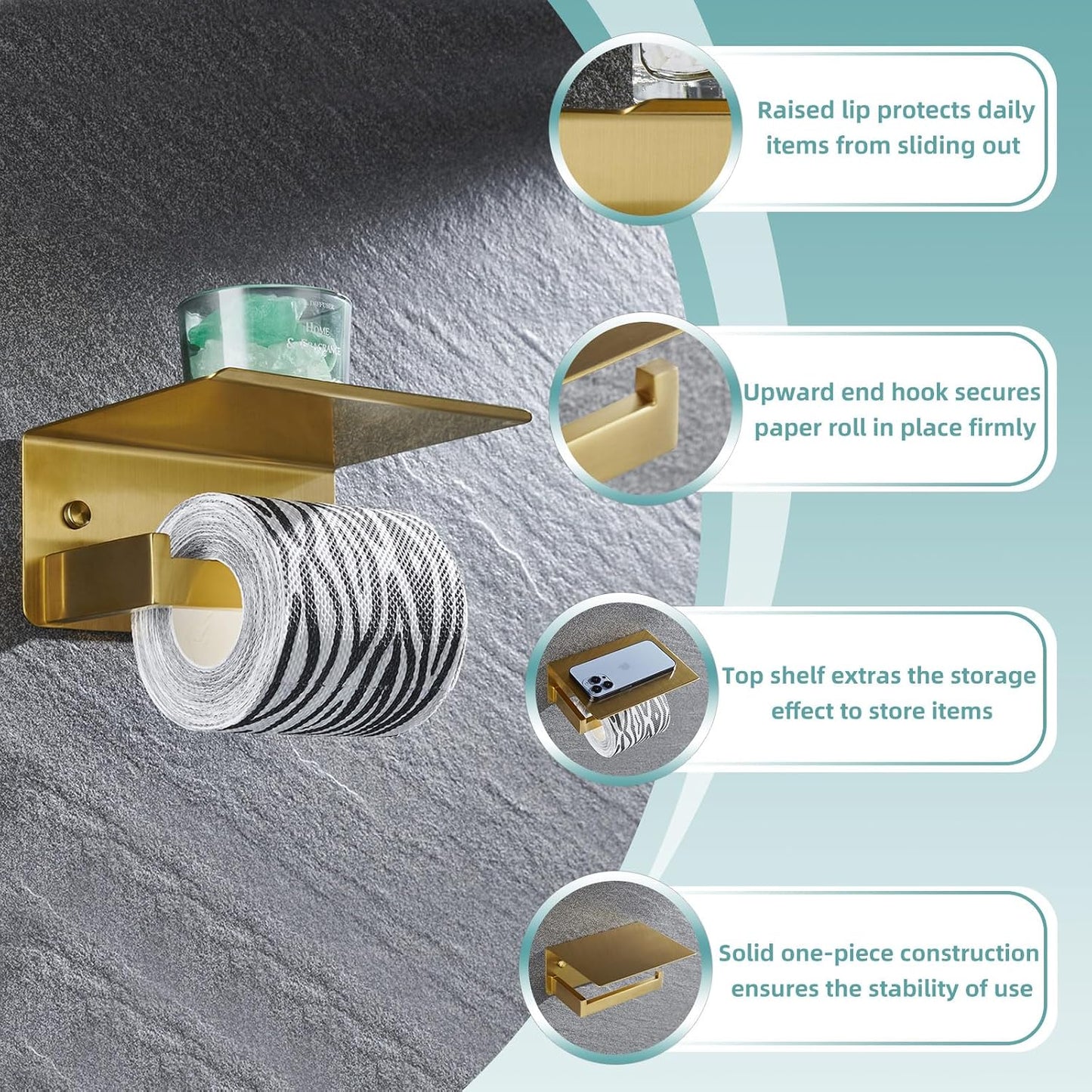 APLusee Brushed Dark Gold Toilet Paper Holder with Shelf, Wall Mounted | Rustproof 304 Stainless Steel, Functional