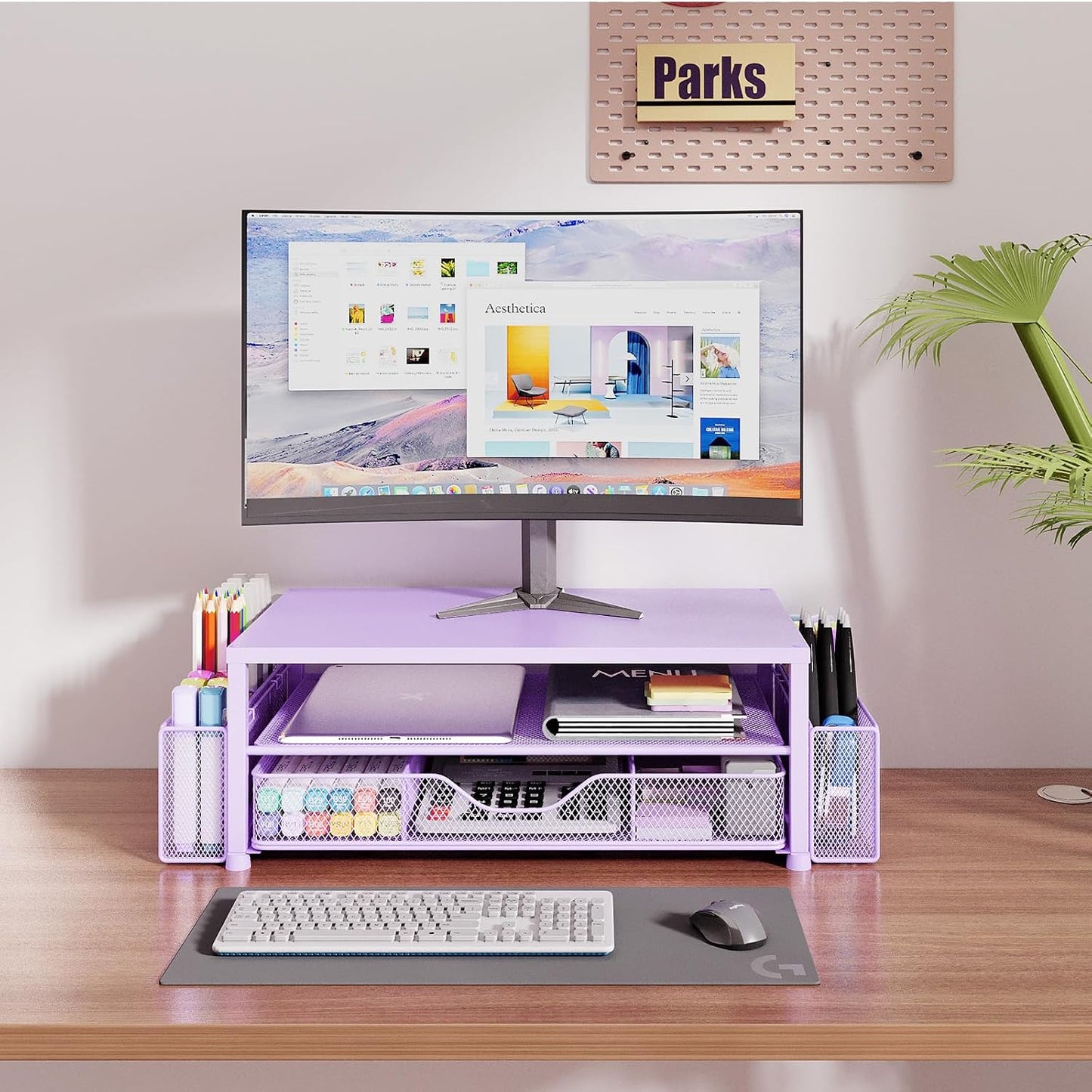 Desk Organizer and Accessories, 2-Tier Computer Monitor Stand Riser with Drawer and 2 Pen Holders, Laptop Stand, Office