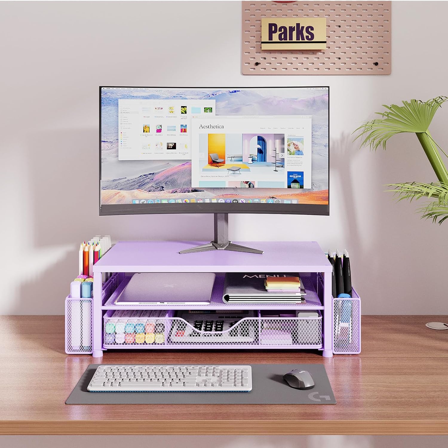 Desk Organizer and Accessories, 2-Tier Computer Monitor Stand Riser with Drawer and 2 Pen Holders, Laptop Stand, Office