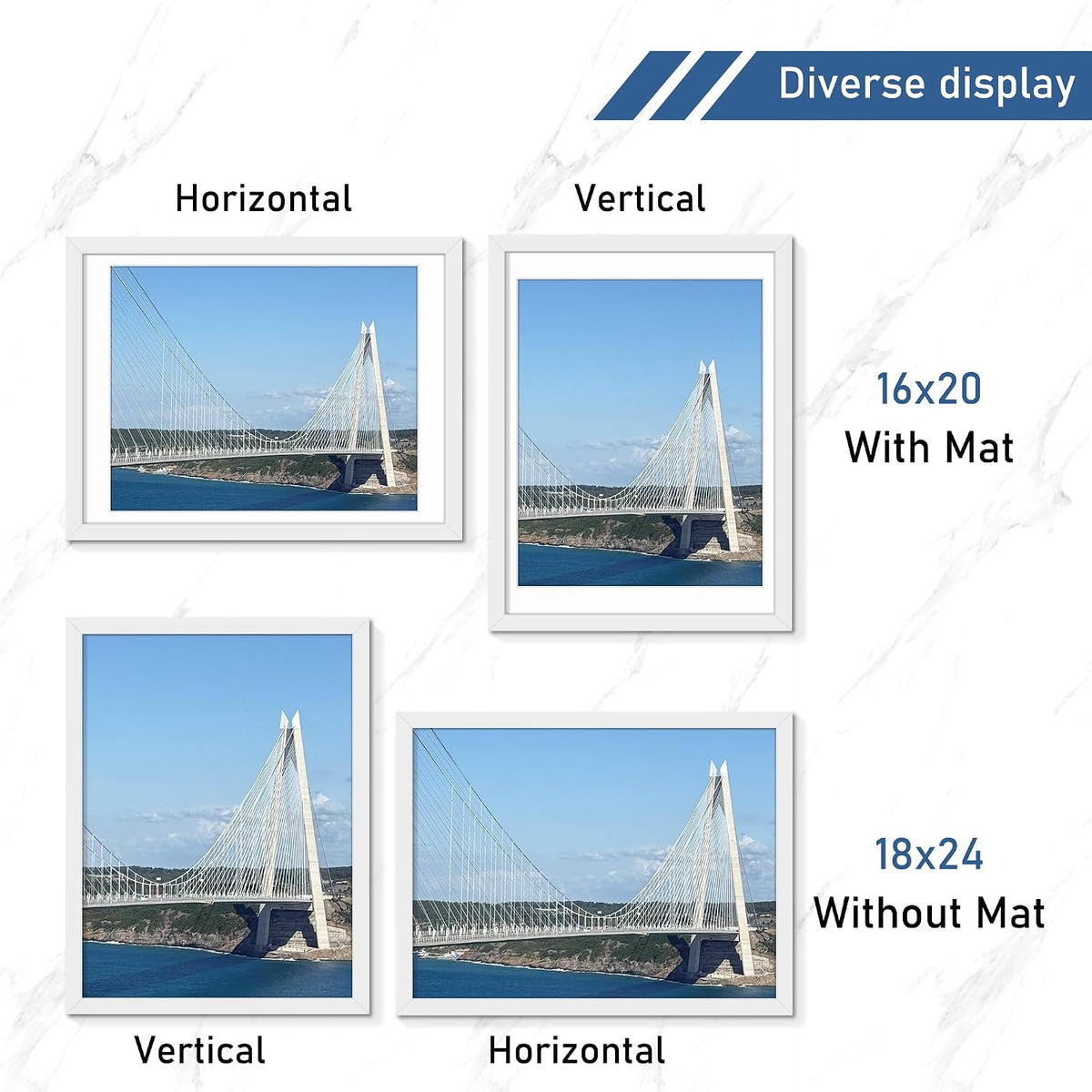 Wiscet 18x24 Poster Frame, White, 4 Pack | Display Picture 16x20 with Mat or 18x24 without Mat, Photo Frame for