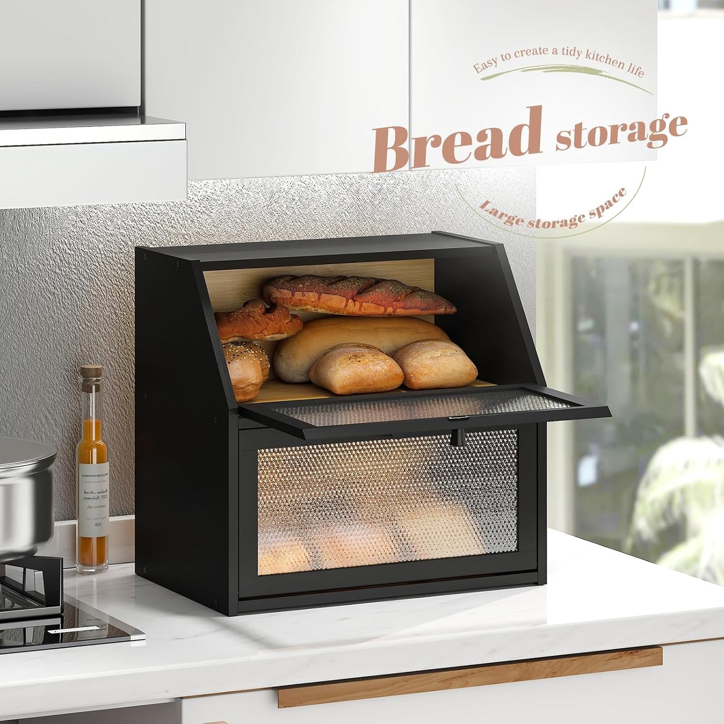 STDDRE Bread Box for Kitchen Countertop Bin Double Layer Bread Box Storage Container Extra Large Capacity with Diamond