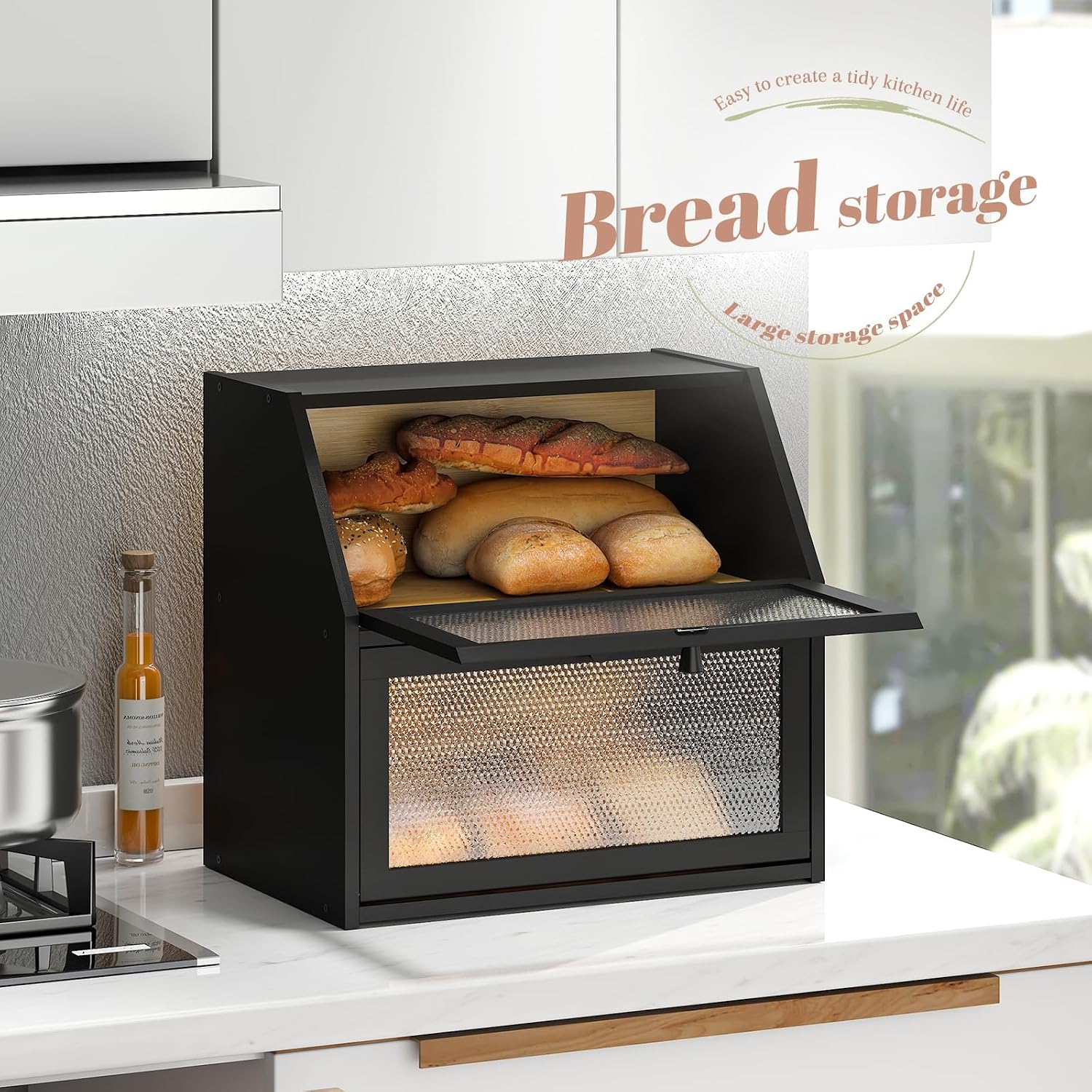 STDDRE Bread Box for Kitchen Countertop Bin Double Layer Bread Box Storage Container Extra Large Capacity with Diamond