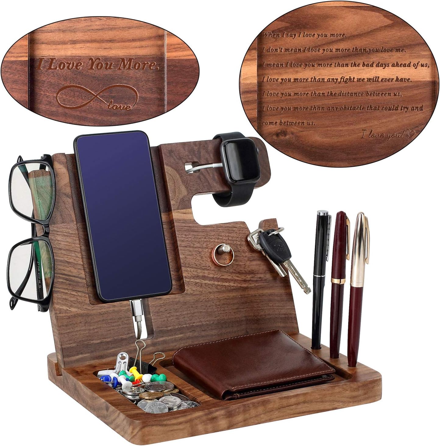 awofer Gifts for Men - Ebony Wood Phone Docking Station - Nightstand with Key Holder, Wallet Stand and Watch Organizer