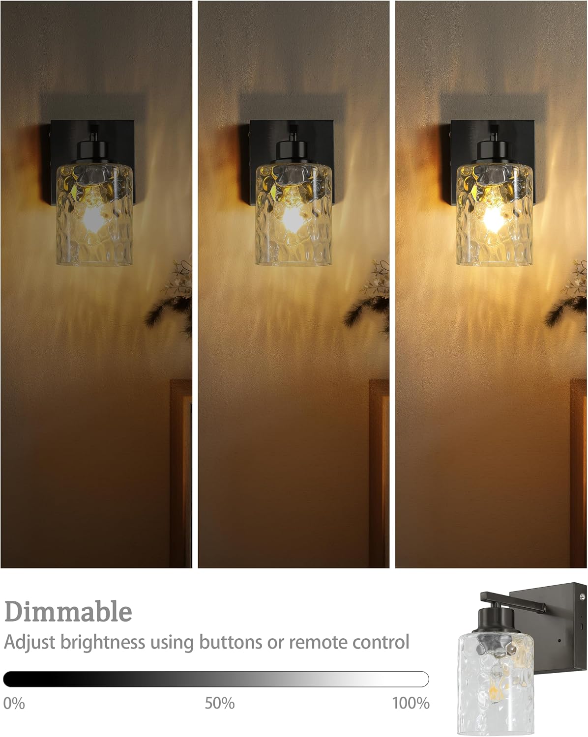 Hammered Glass Wireless Battery Operated Wall Sconces Set of Two Black | Dimmable Rechargeable Wall Lights with Remote