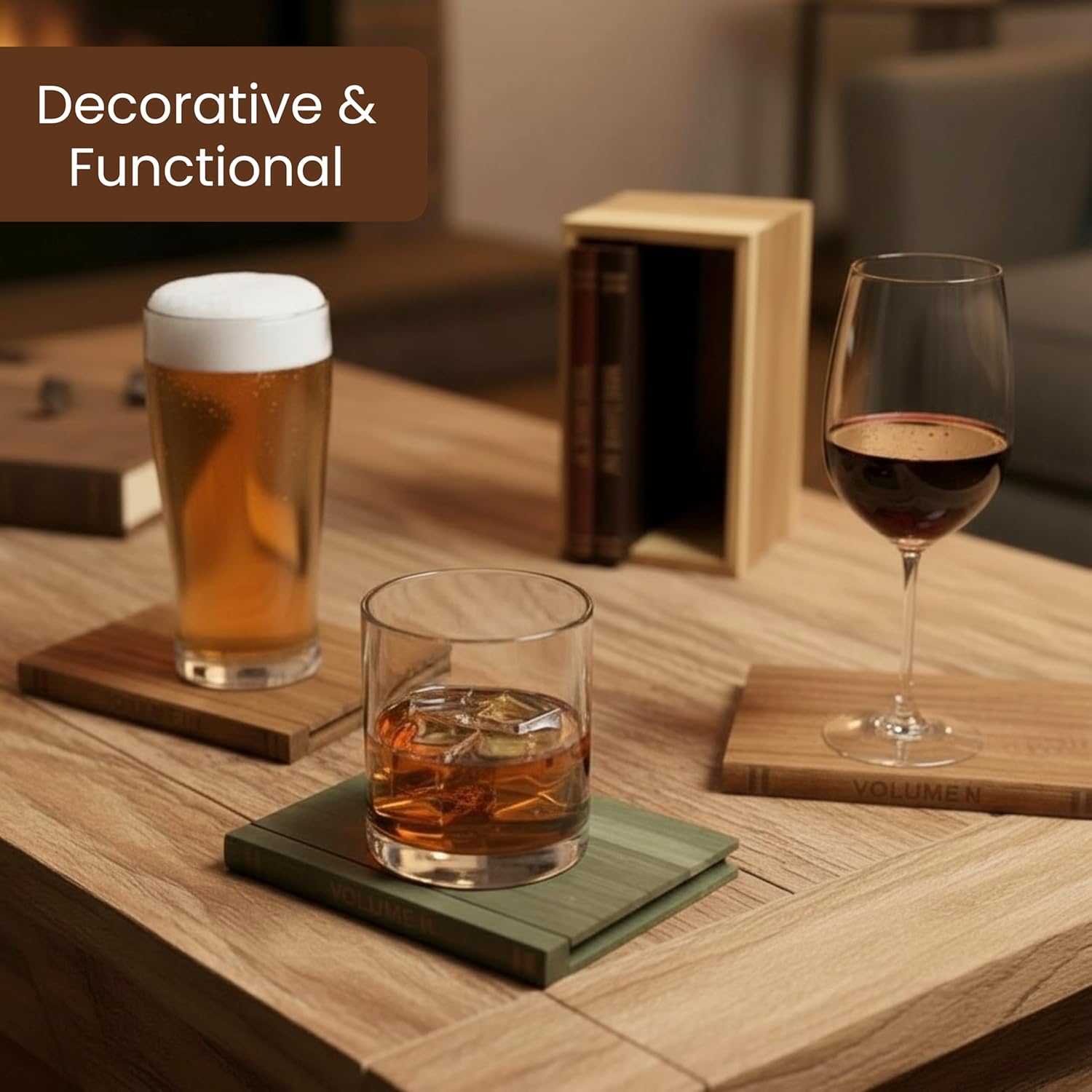 Wooden Stand / Book-Style Decorative Drink Coasters / Set of 5