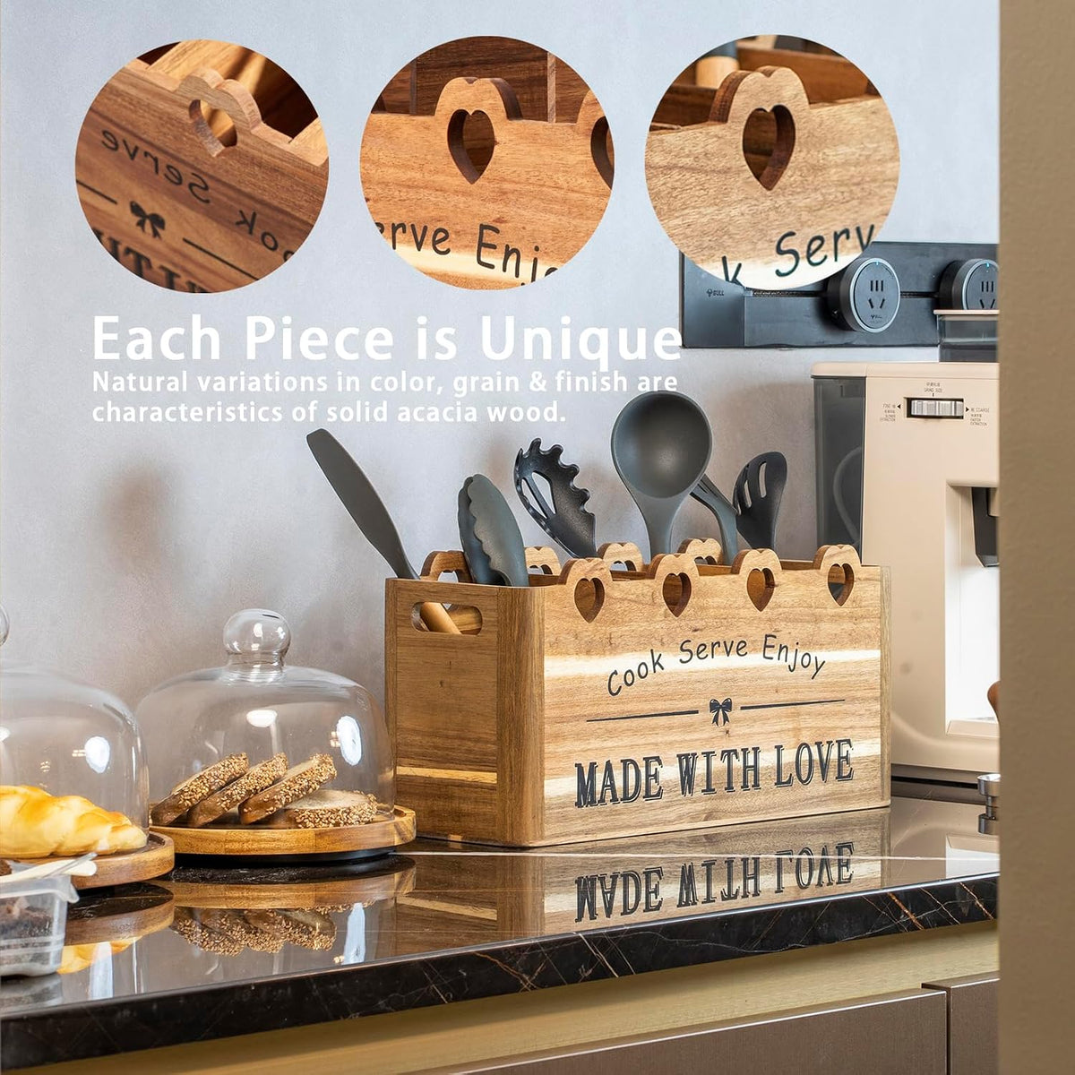 Kitchen Utensil Holder, Large Acacia Wood Organizer for Countertop | Extra Large Farmhouse Style with 4 Compartments
