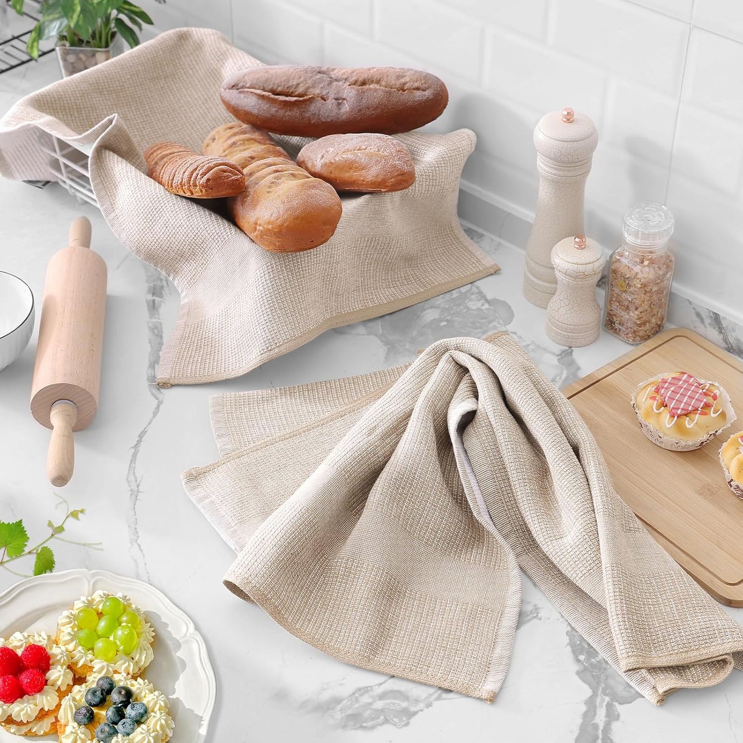 Homaxy 380 GSM Cotton Premium Kitchen Towels 6 Pack, 18"x 28", Khaki | Flat and Terry Dish Towels, Highly Absorbent Tea