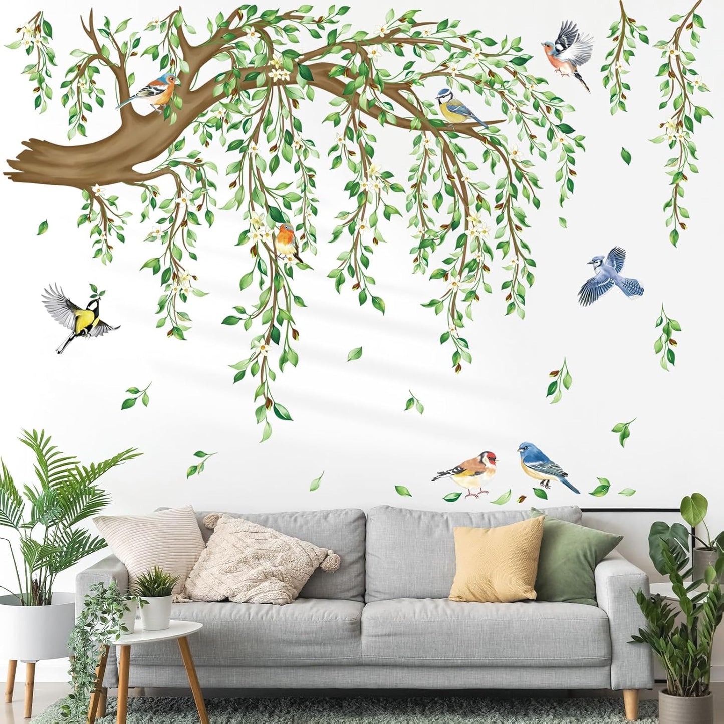 Large Hanging Vine Wall Stickers Tree Branch Green Leaf Flower Birds Wall Decals Living / Green Tree