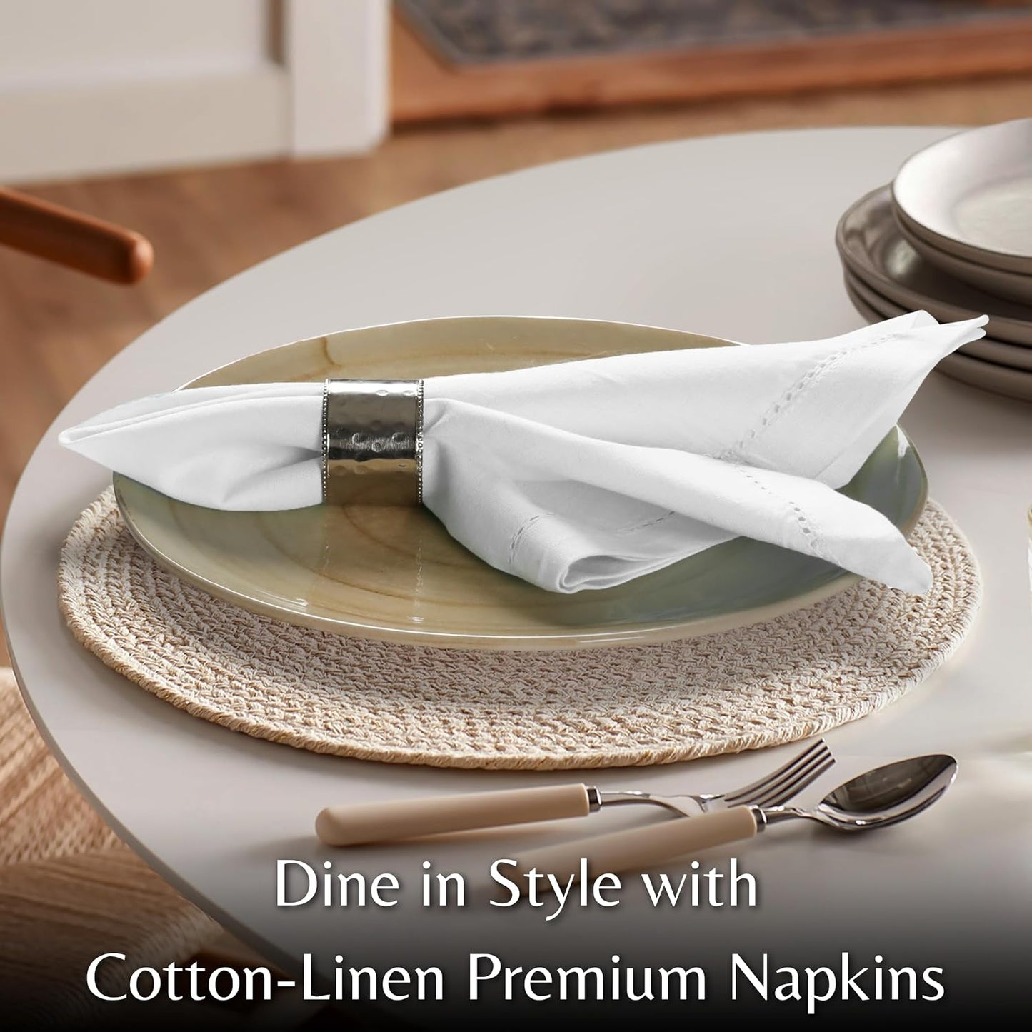 Ramanta Home White Linen Cloth Dinner Napkin Set of 12, 18x18 Inch | Reusable Dinner Cotton Washable Hemstitched Linen