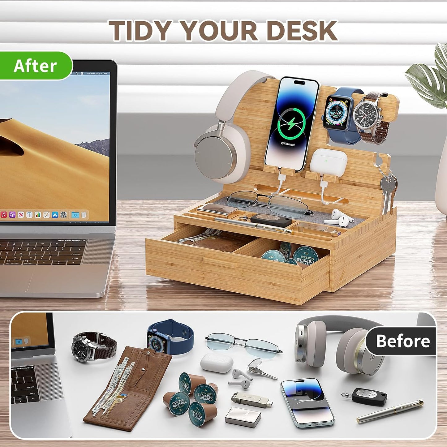 Pezin&Hulin Docking Station with Drawer, Nightstand Organizer (Nature) | Desk Organizer for Phones, Watch, Keys
