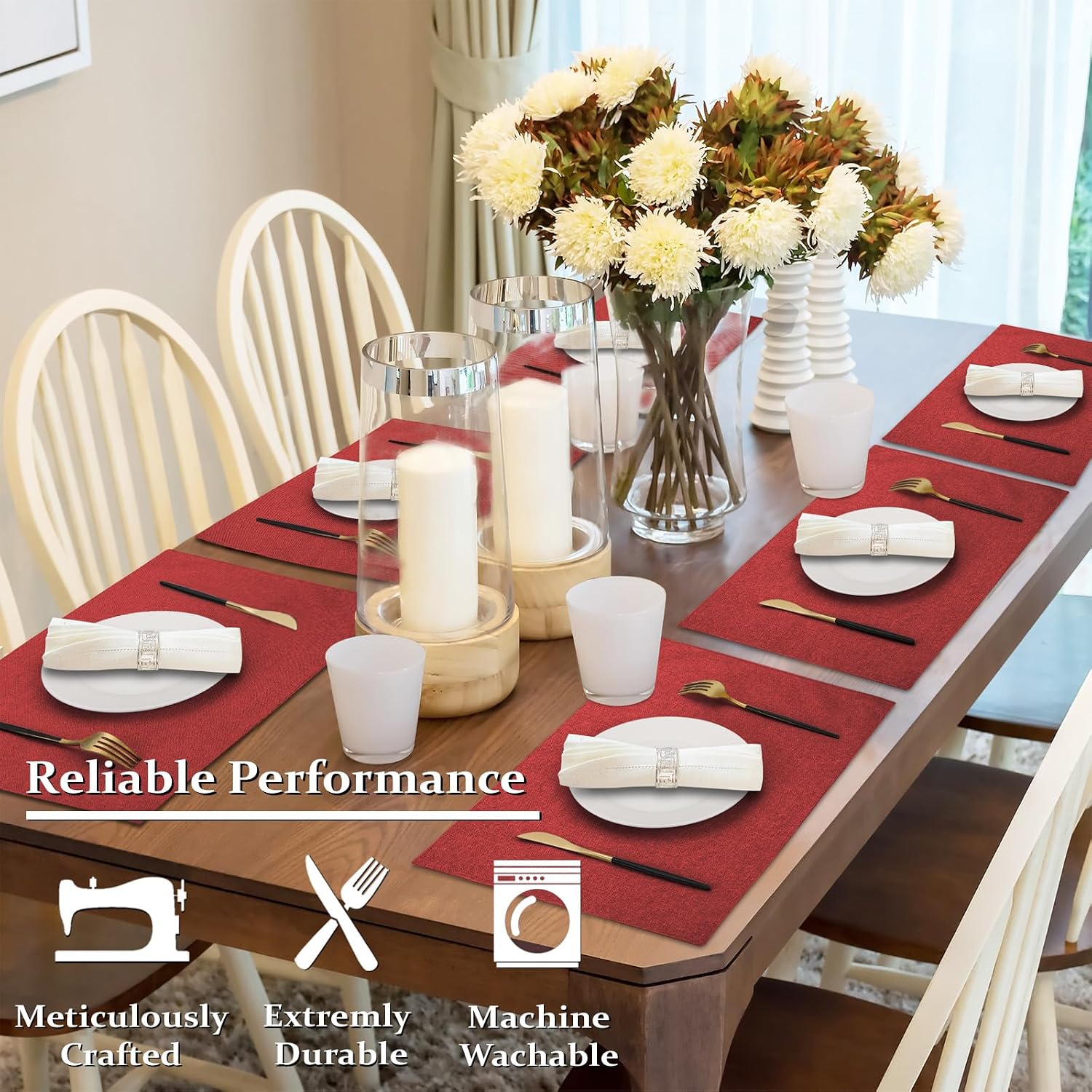 Cloth Placemats Set of 6, Cotton Linen Blend Place Mats, Red | Machine Washable, Double Layered, Heat Resistant, Fabric
