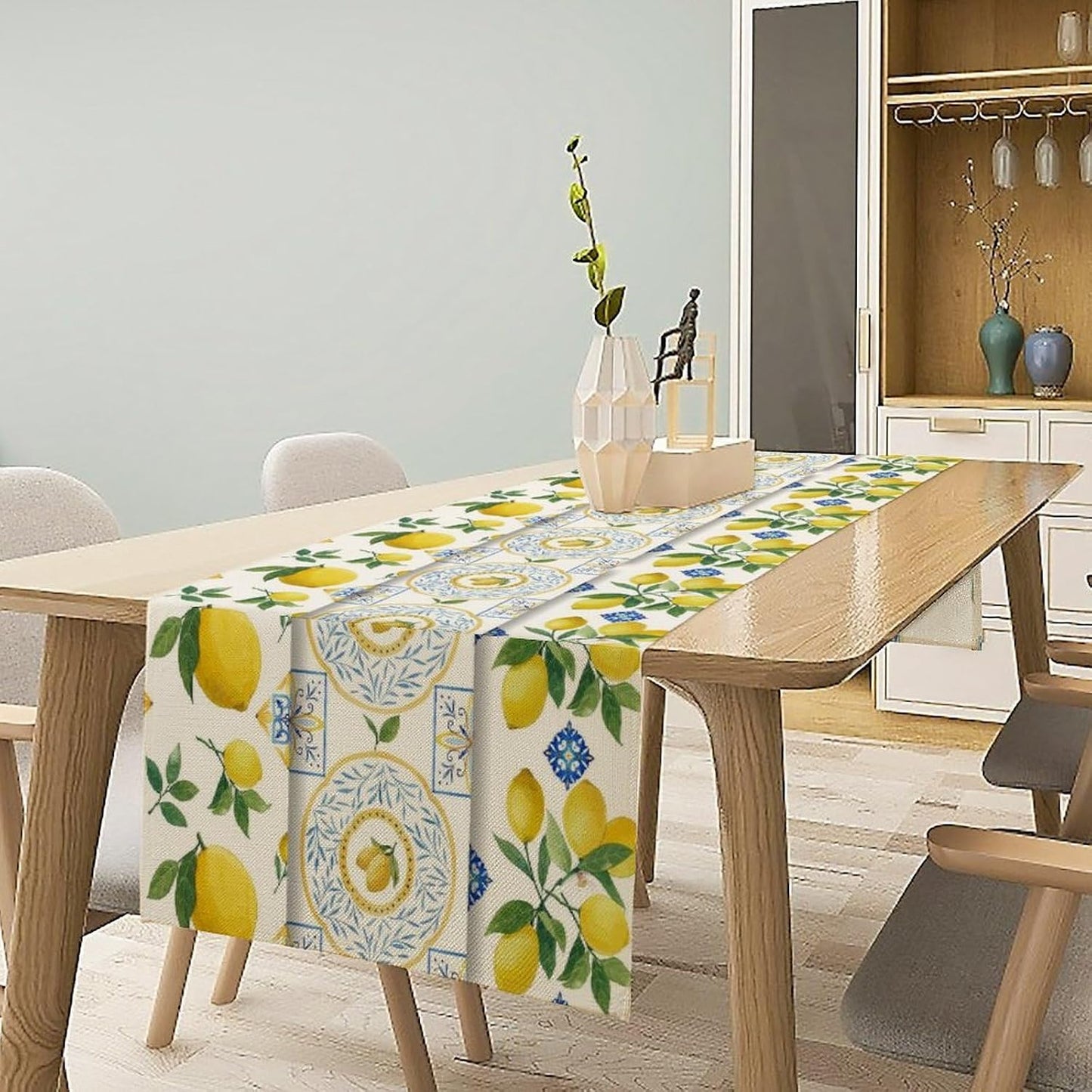 Lemon Table Runner,Summer Blue Tiles Lemons Pattern Printed Linen Table Runner for Home Kitchen Dining Table