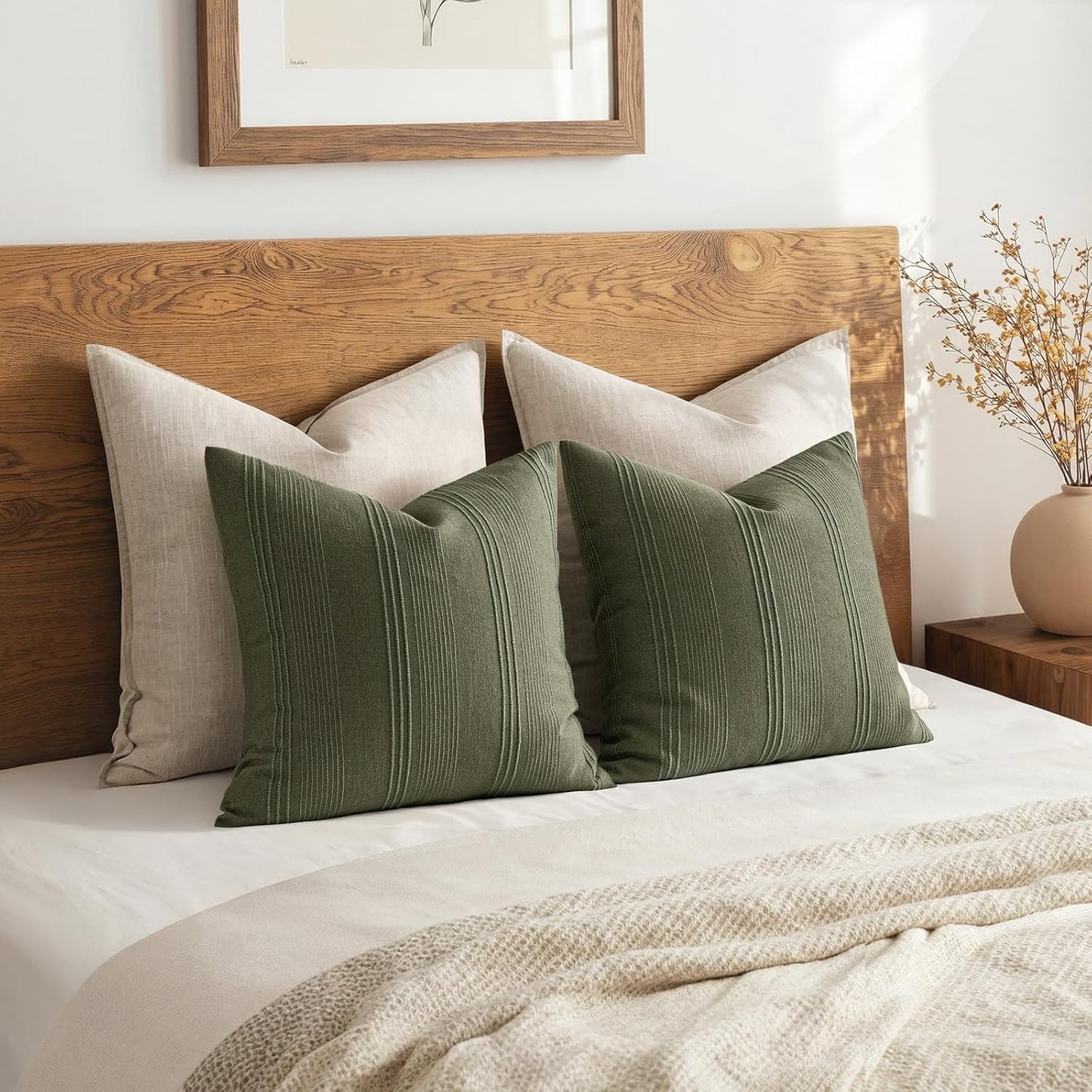 Striped Throw Pillow Covers Decorative Textured Pillow Covers / 18 x 18 / Olive Green / Set of 2