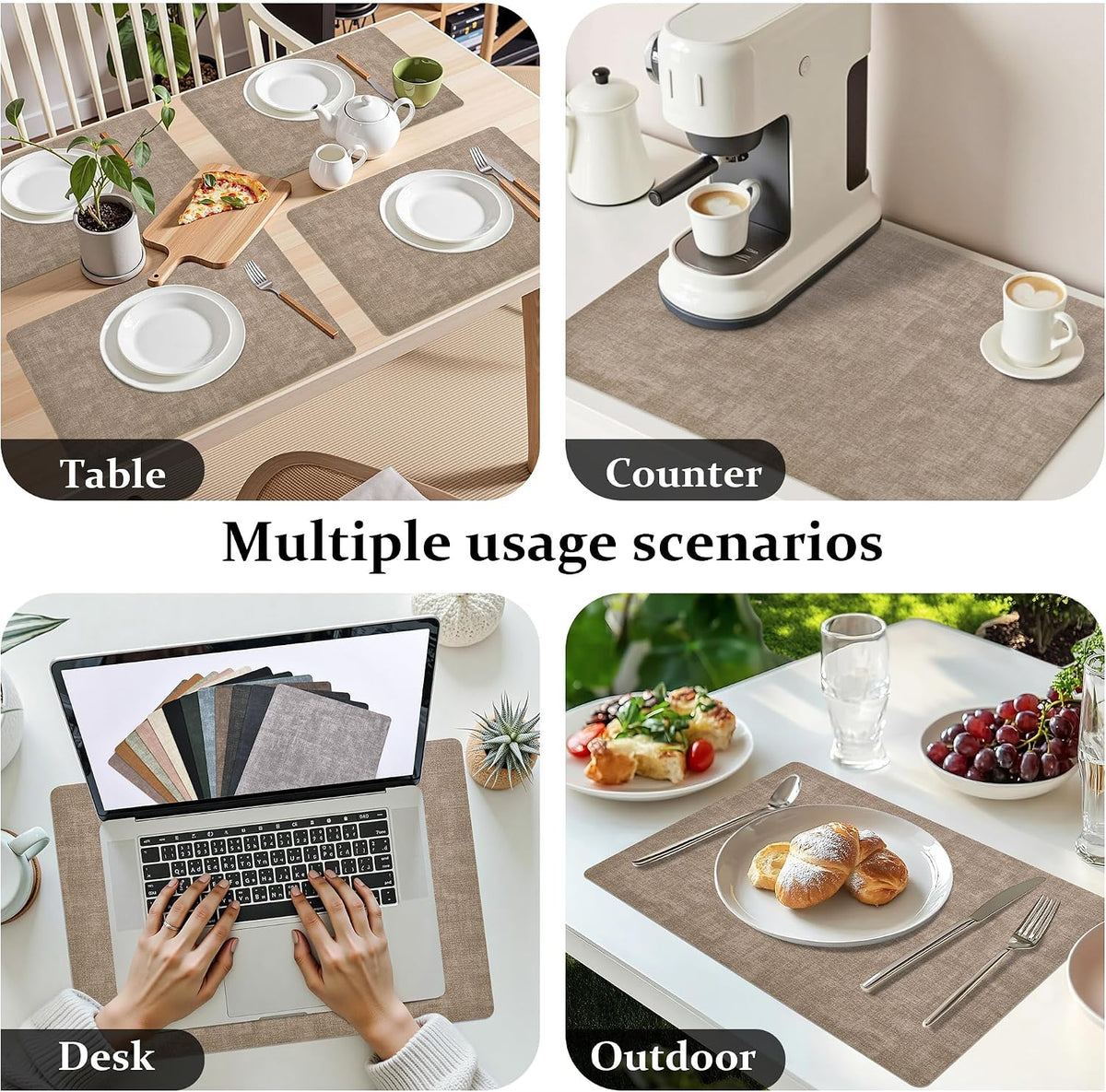 FROMHEART Faux Leather PU Placemats Set of 12 (Light Coffee,11.8" x 17") | Waterproof,Heat/Oil Stain-Resistant Table