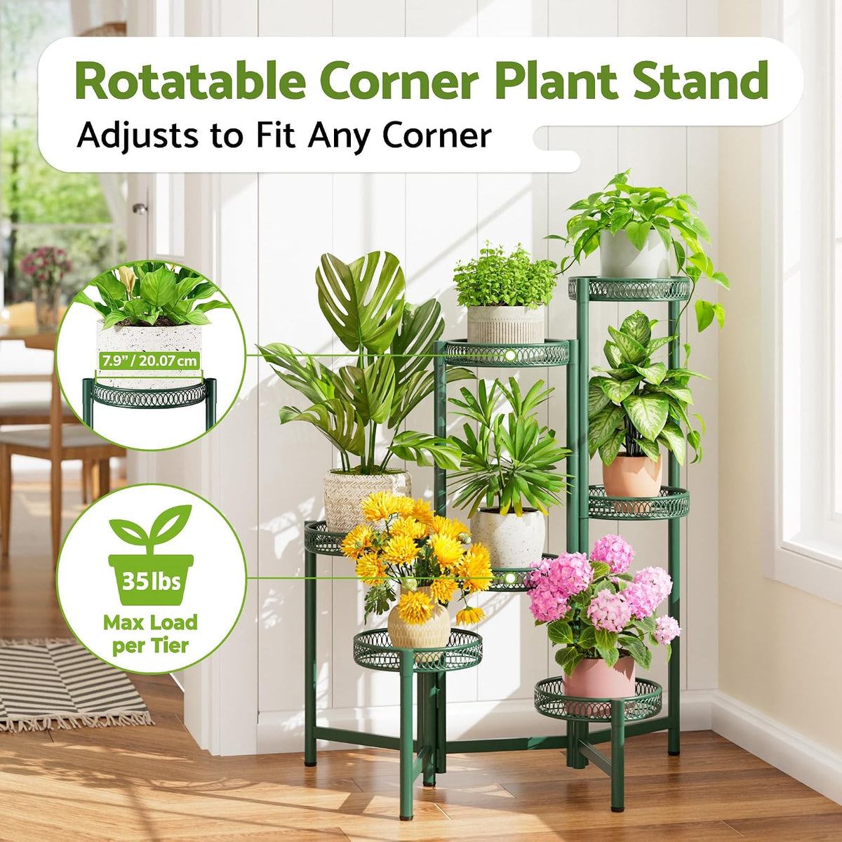 7 Tier Metal Corner Plant Stand Indoor Outdoor, Folding Tall Plant Rack, Heavy Duty Wrought Iron Flower Pot Stand