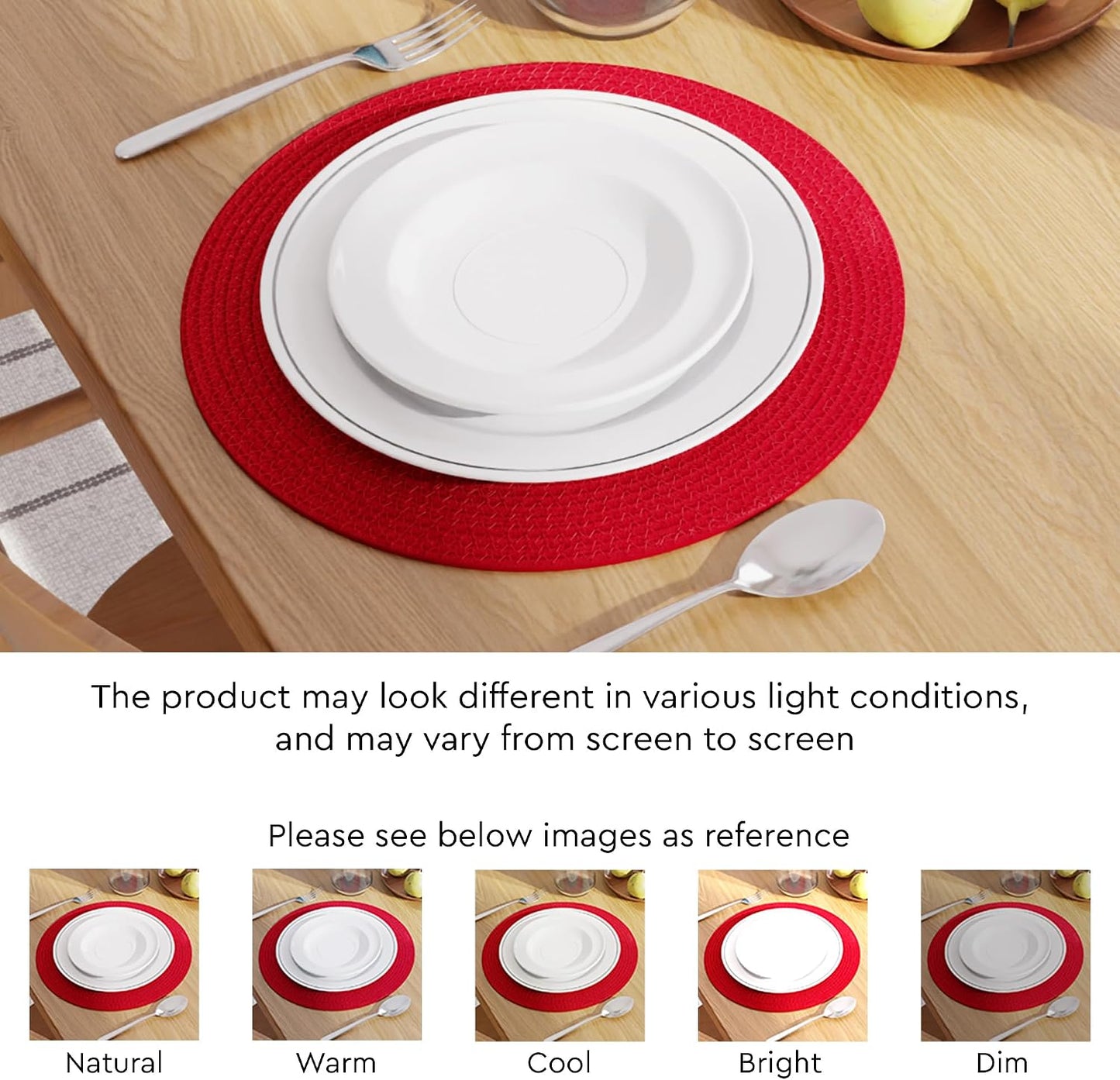 Encasa XO Placemats, Round Cotton Dining Table Mats 13" | Red, Handcrafted Ribbed Texture | Heat Resistant Trivets