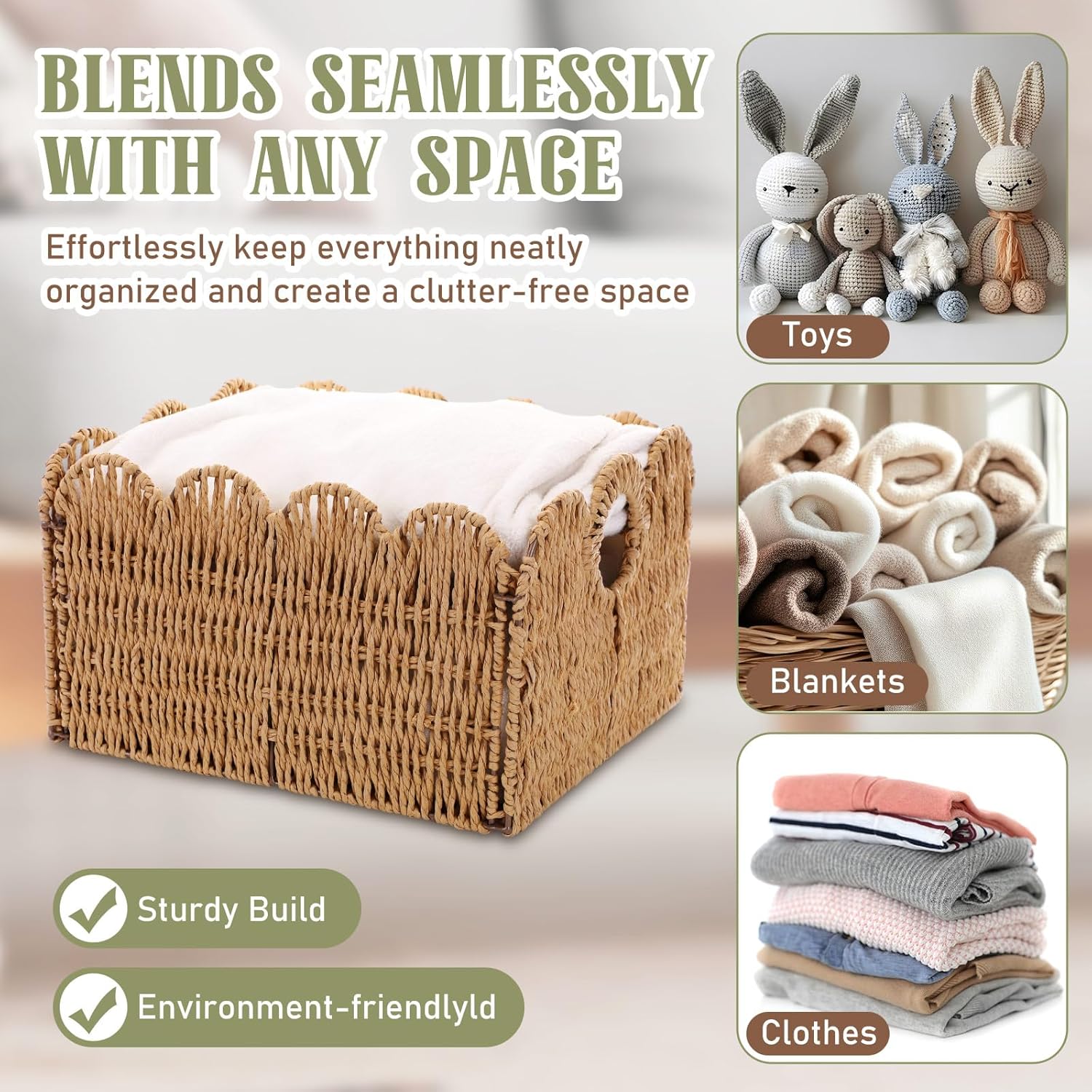 4 Packs Scalloped Wicker Storage Basket Paper Rope Pantry Baskets