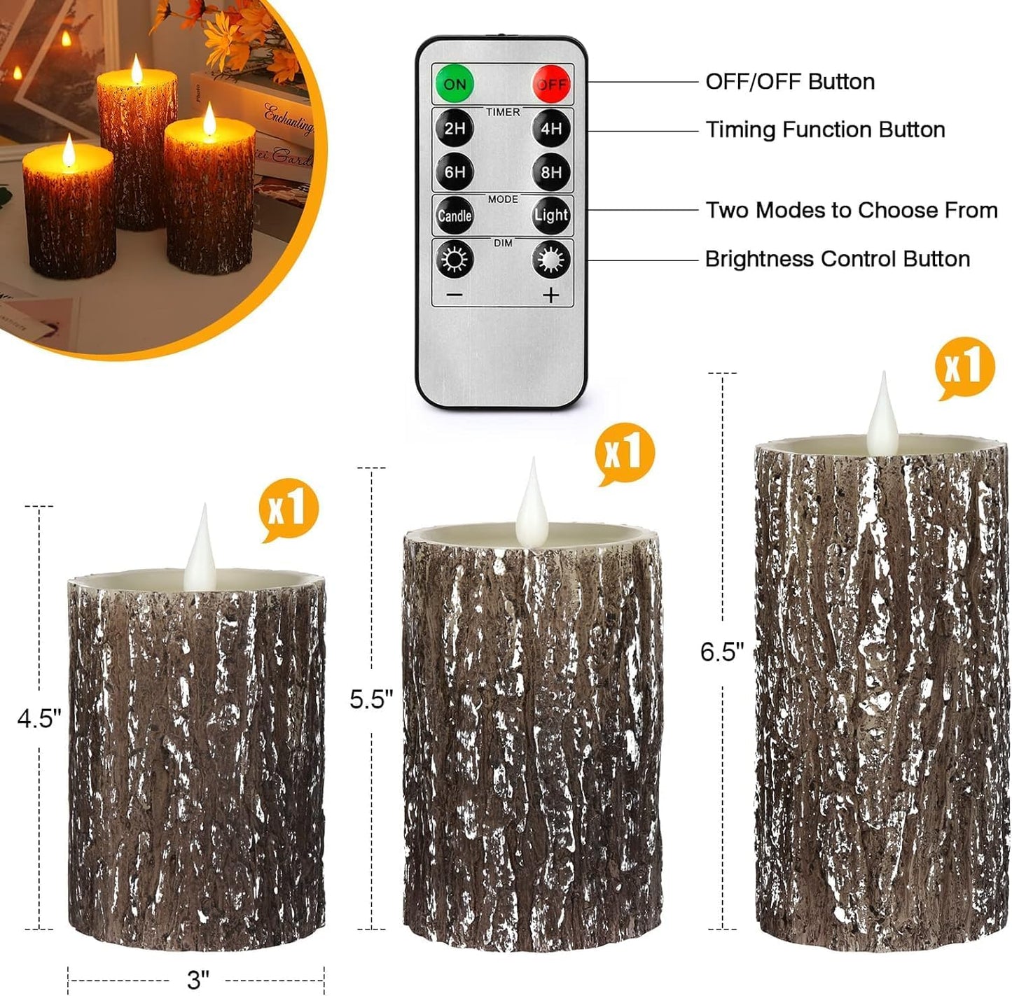 AKU TONPA Pine Bark Effect Flameless Candles Battery Operated Pillar Real Wax Flickering Electric LED Candle Sets with