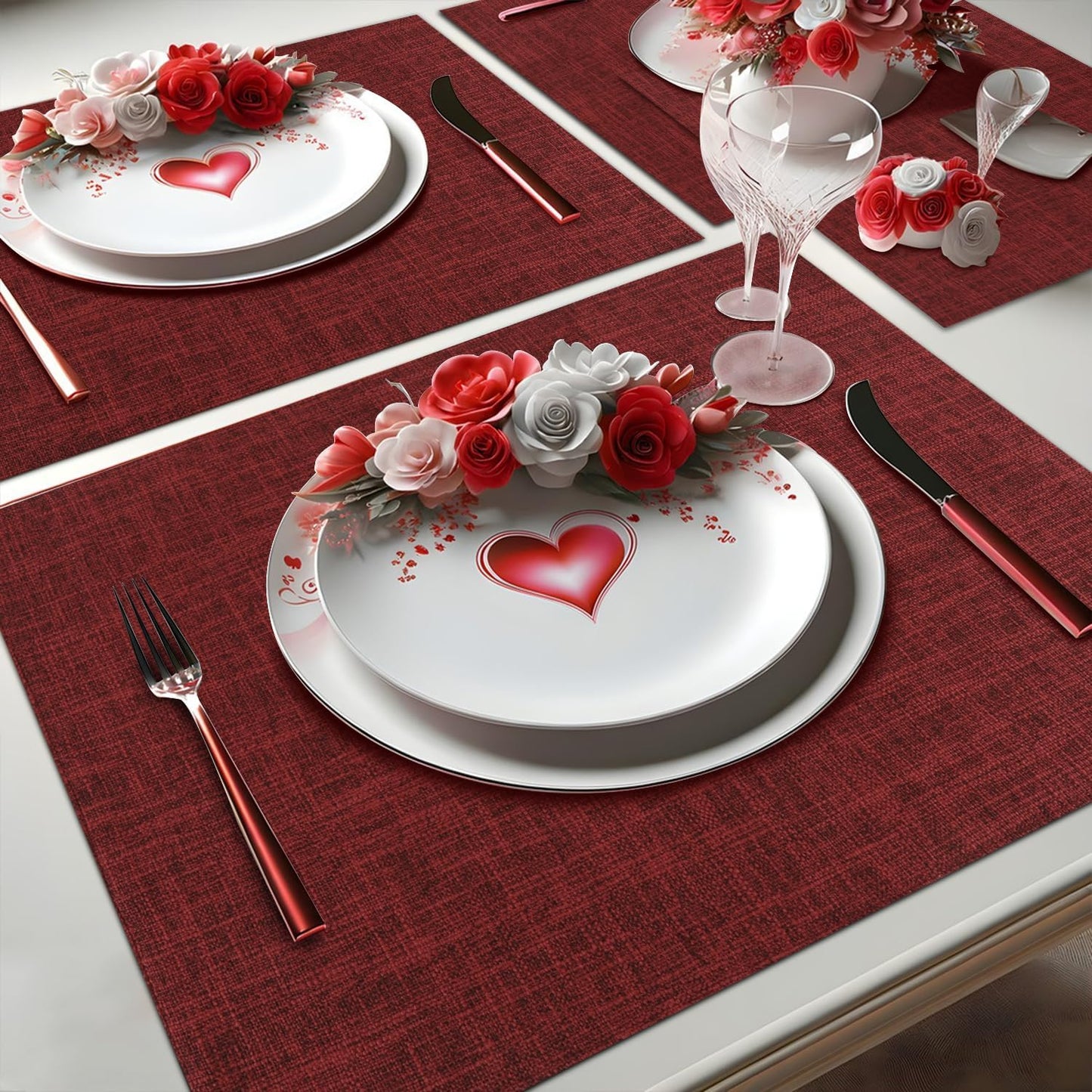 Red Placemats Set of 8, Washable Dining Table Mats Cloth Place Mats, Elegant Placemats for Valentines Day Holiday, Heat